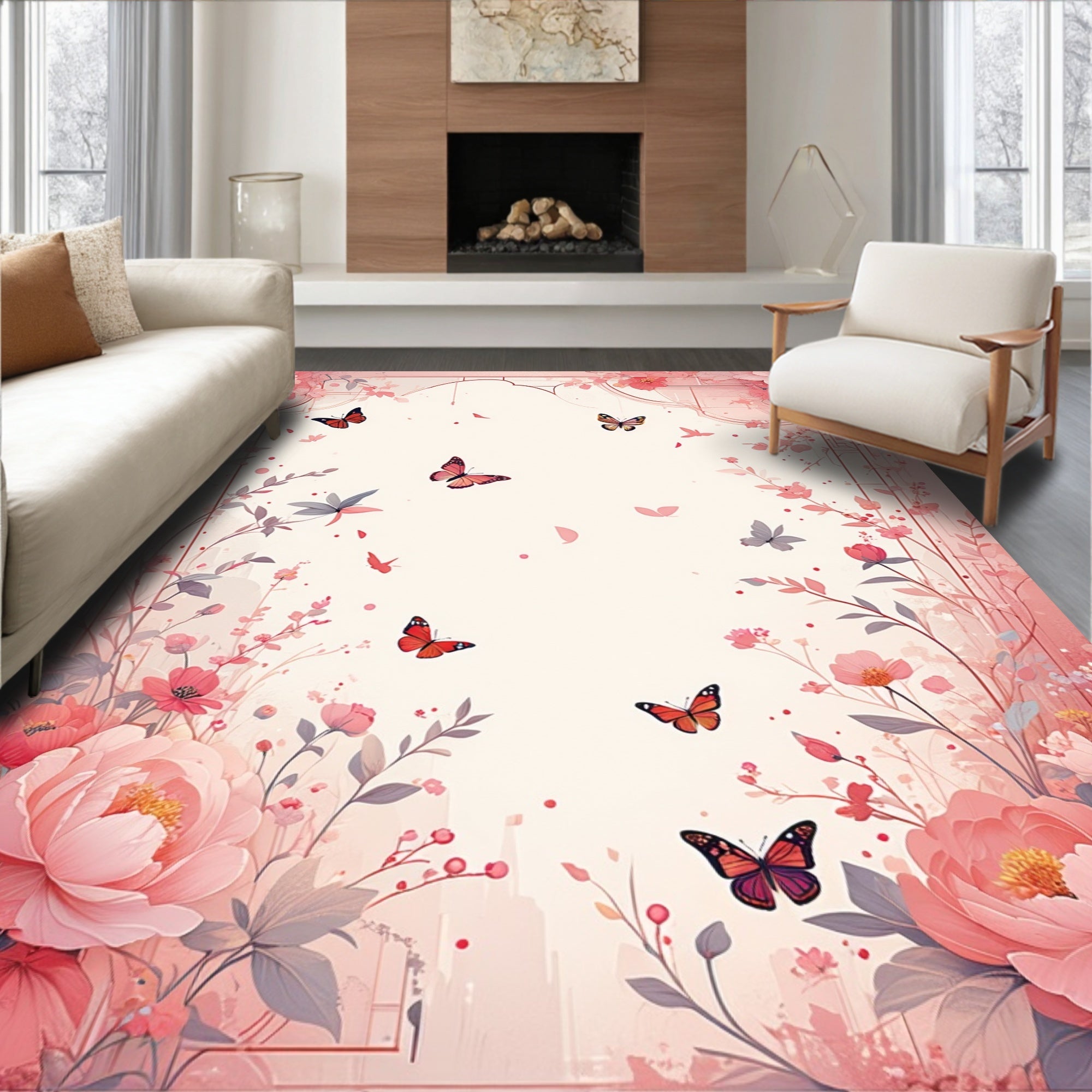 Pink Butterfly Floral Art Rug
