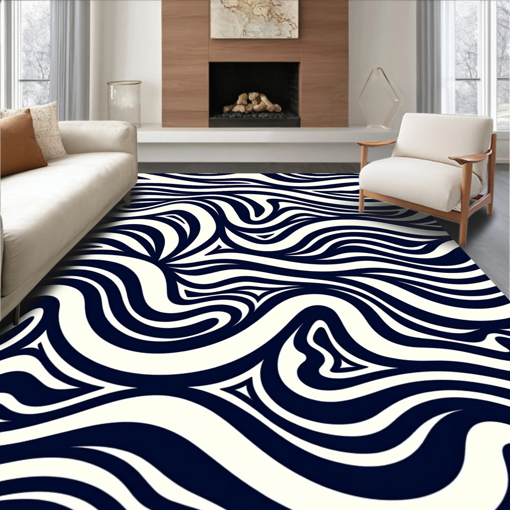 Navy Cream Swirling Organic Waves Rug