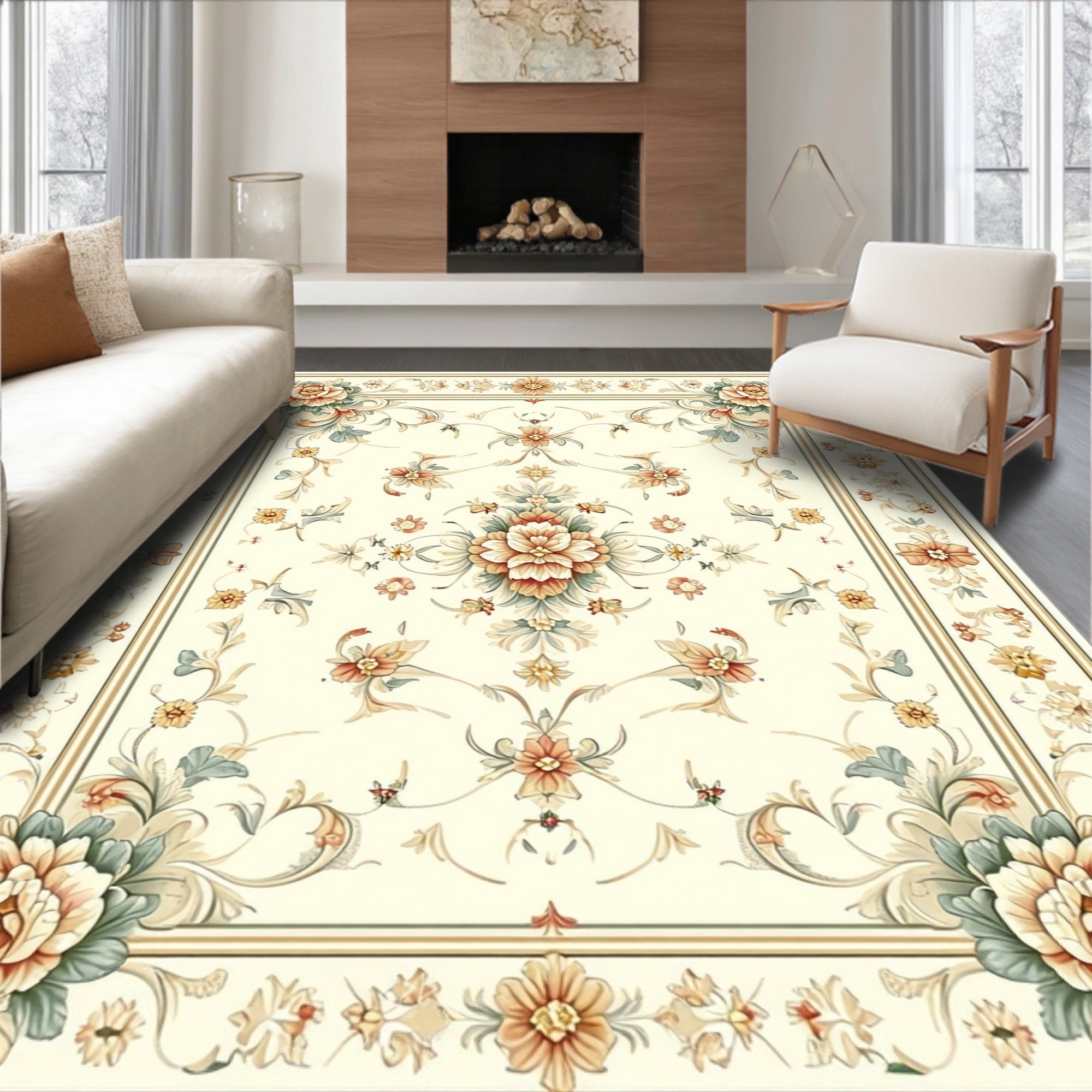 Cream Floral Swirl Traditional Rug