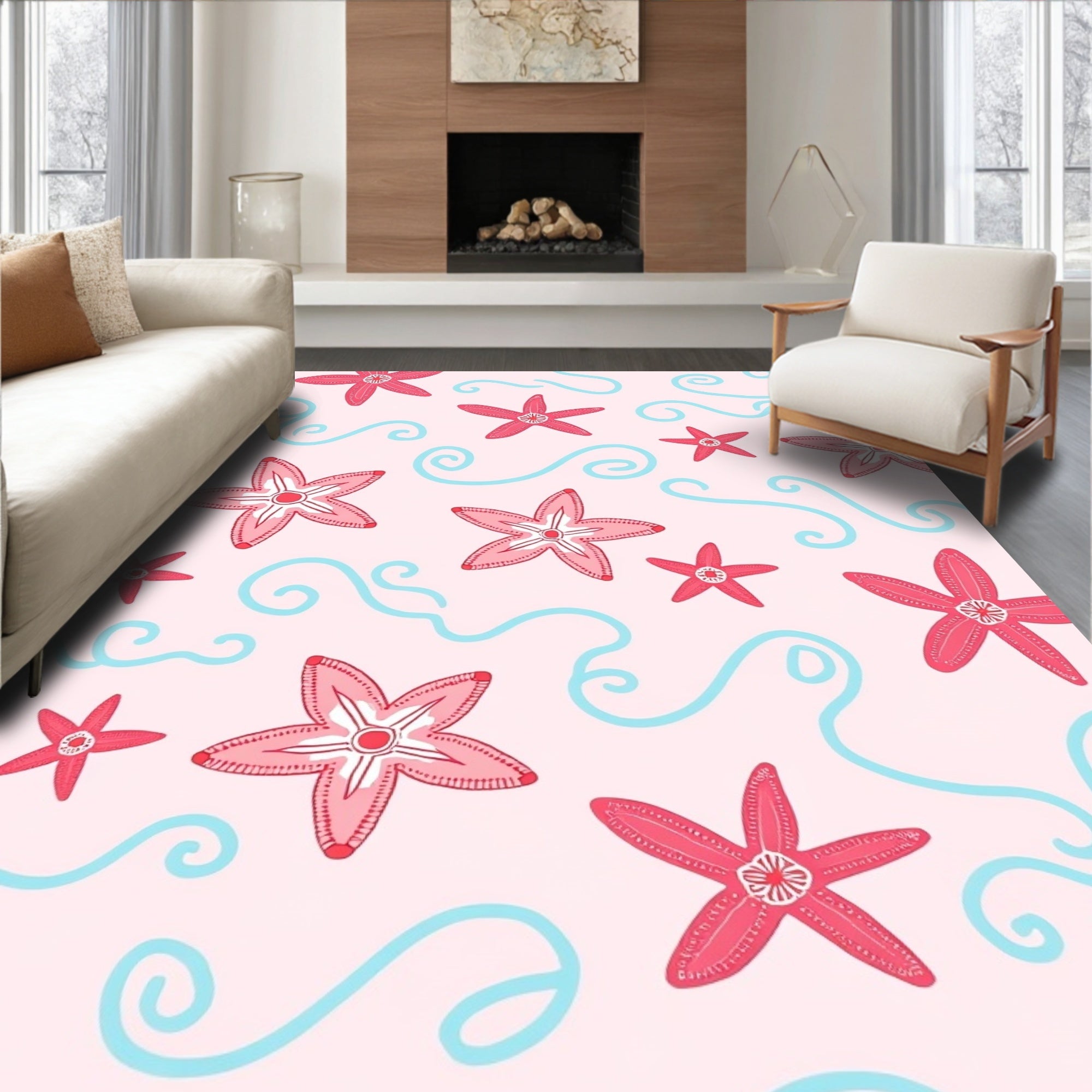 Coral Starfish Aquatic Swirl Pattern Rug
