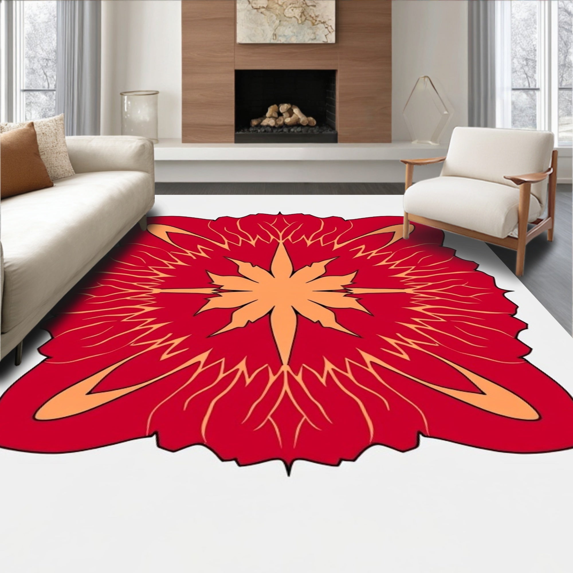 Symmetrical Red Floral Star Pattern Rug