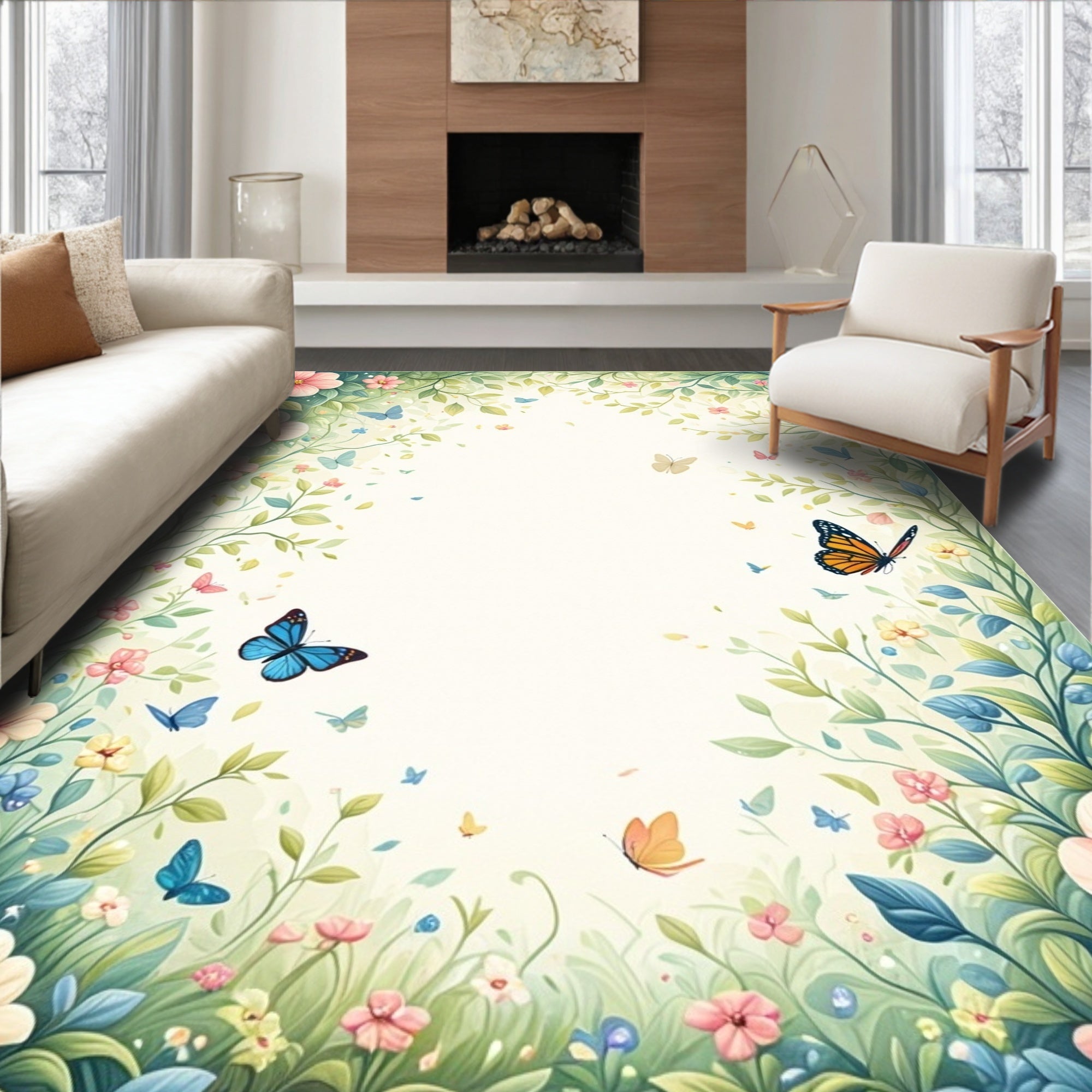 Whimsical Floral Butterfly Garden Rug