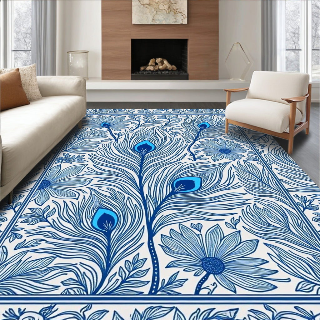 Blue Peacock Feather Floral Pattern Rug
