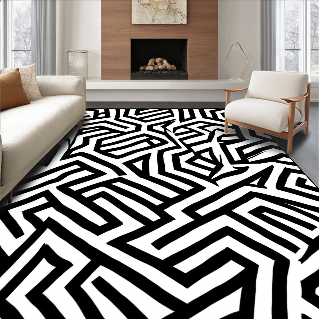 Bold Black White Geometric Lines Art Rug