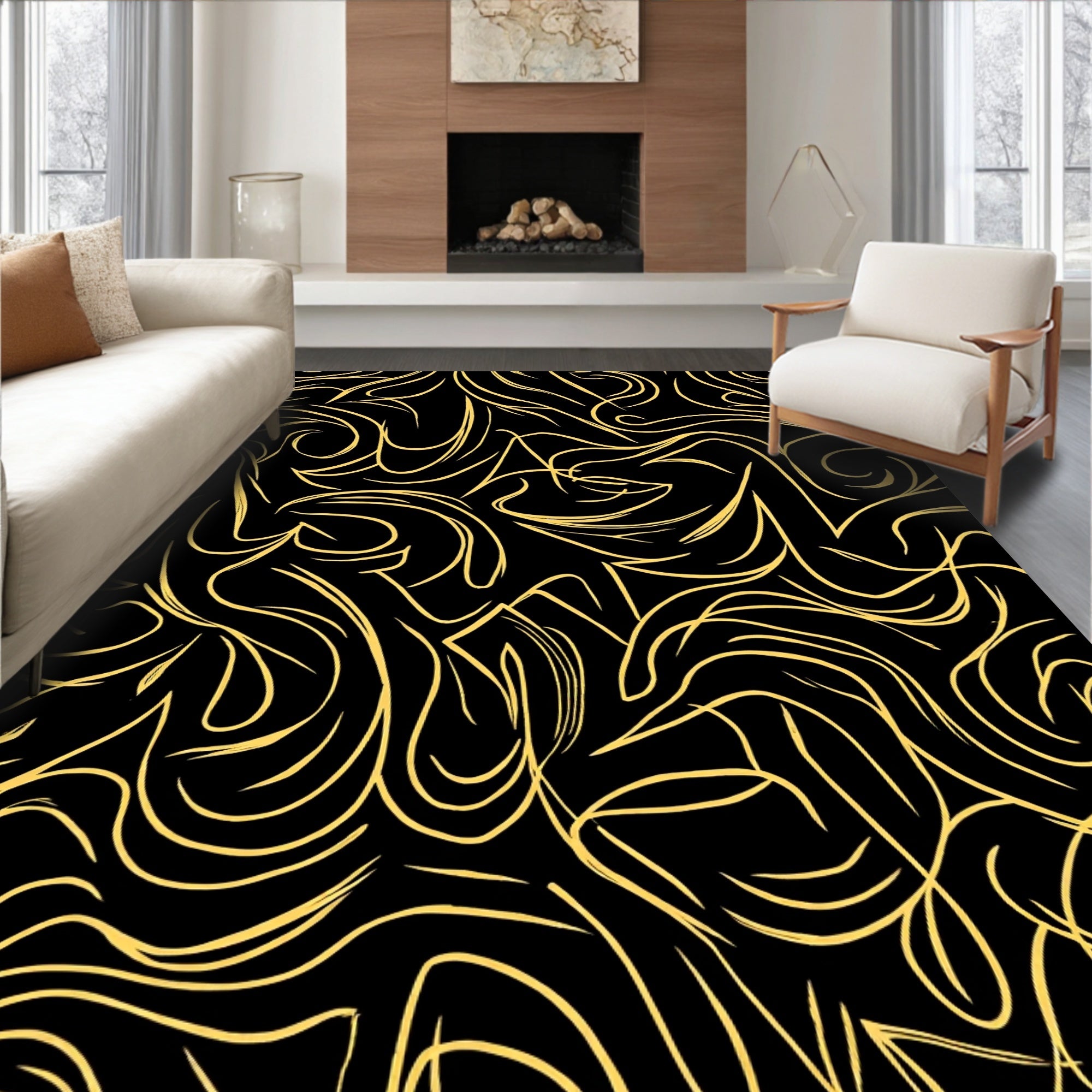 Golden Swirls Abstract Pattern Rug