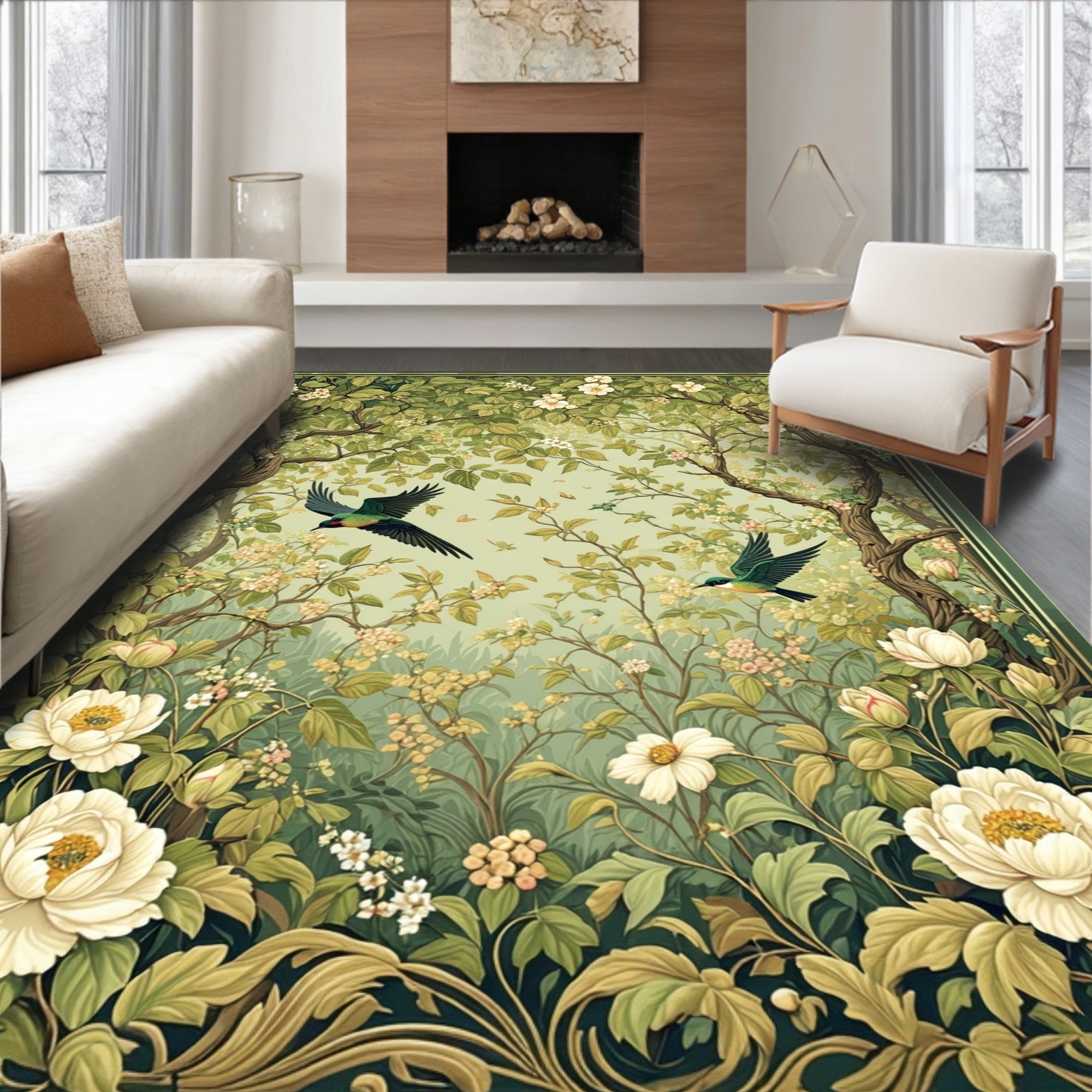 Enchanted Woodland Floral Bird Scene Rug