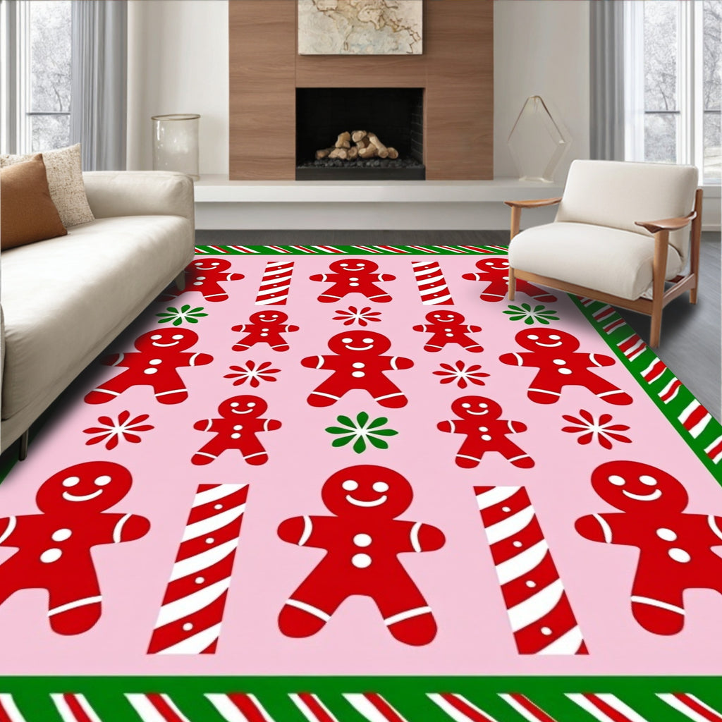 Cheerful Red Gingerbread Man Candy Cane Rug