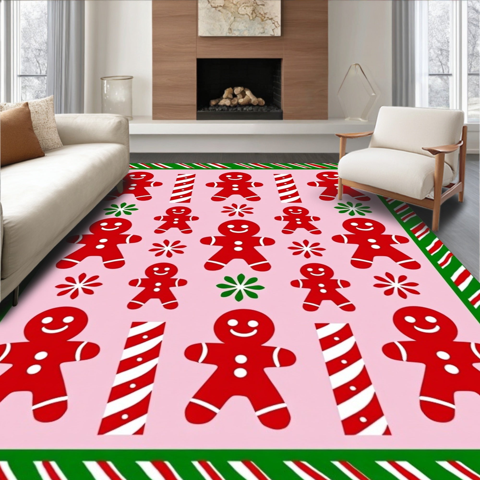 Cheerful Red Gingerbread Man Candy Cane Rug