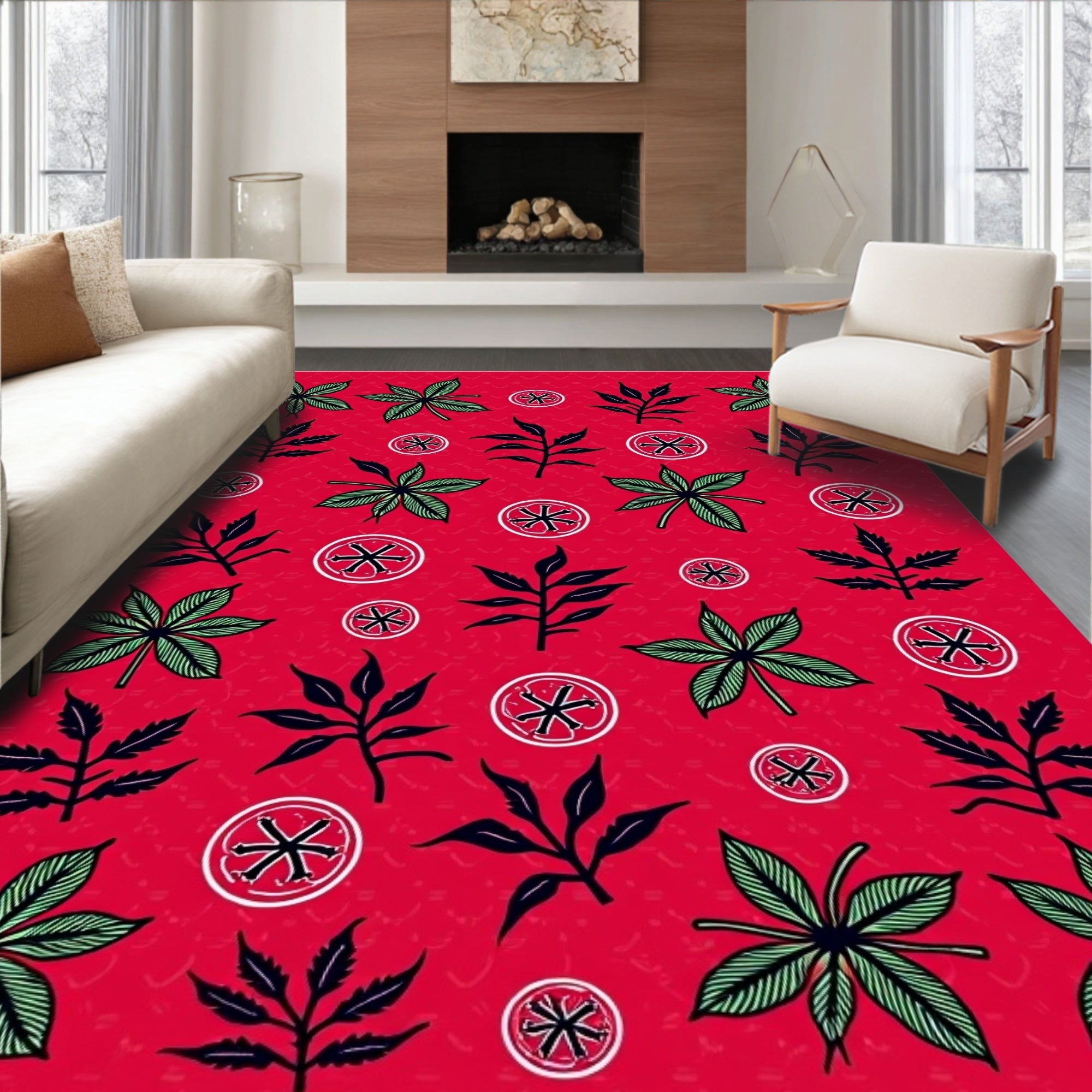 Crimson Green Foliage Circular Emblems Rug