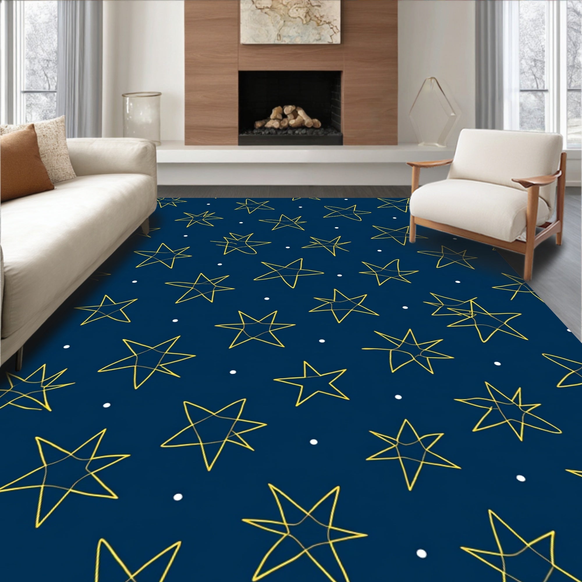 Navy Yellow Star Field Whimsical Rug