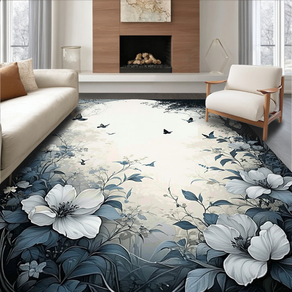 Misty Forest With Birds And Flowers Rug