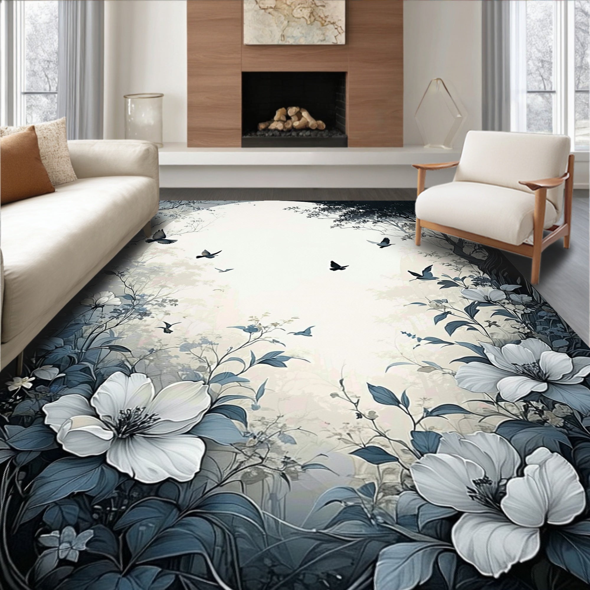 Misty Forest With Birds And Flowers Rug