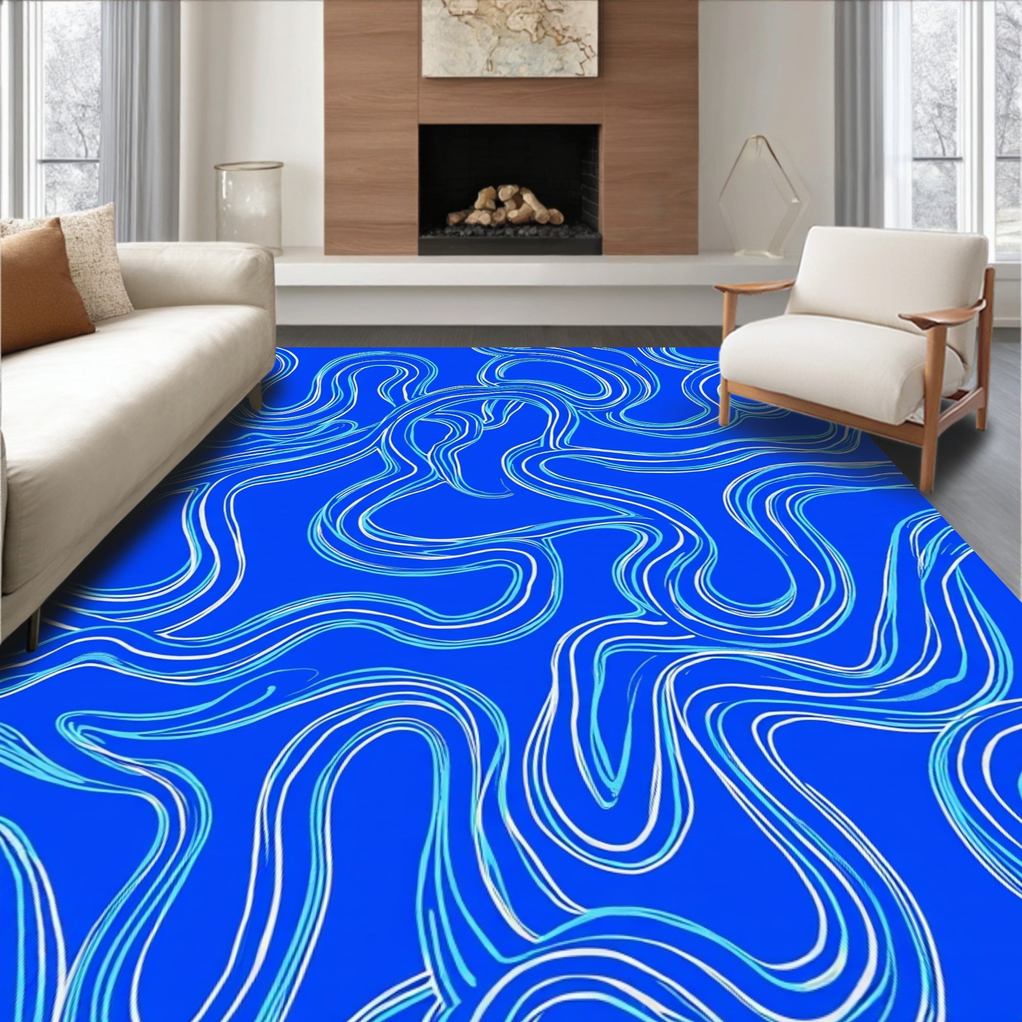 Abstract Wavy Blue White Swirl Rug