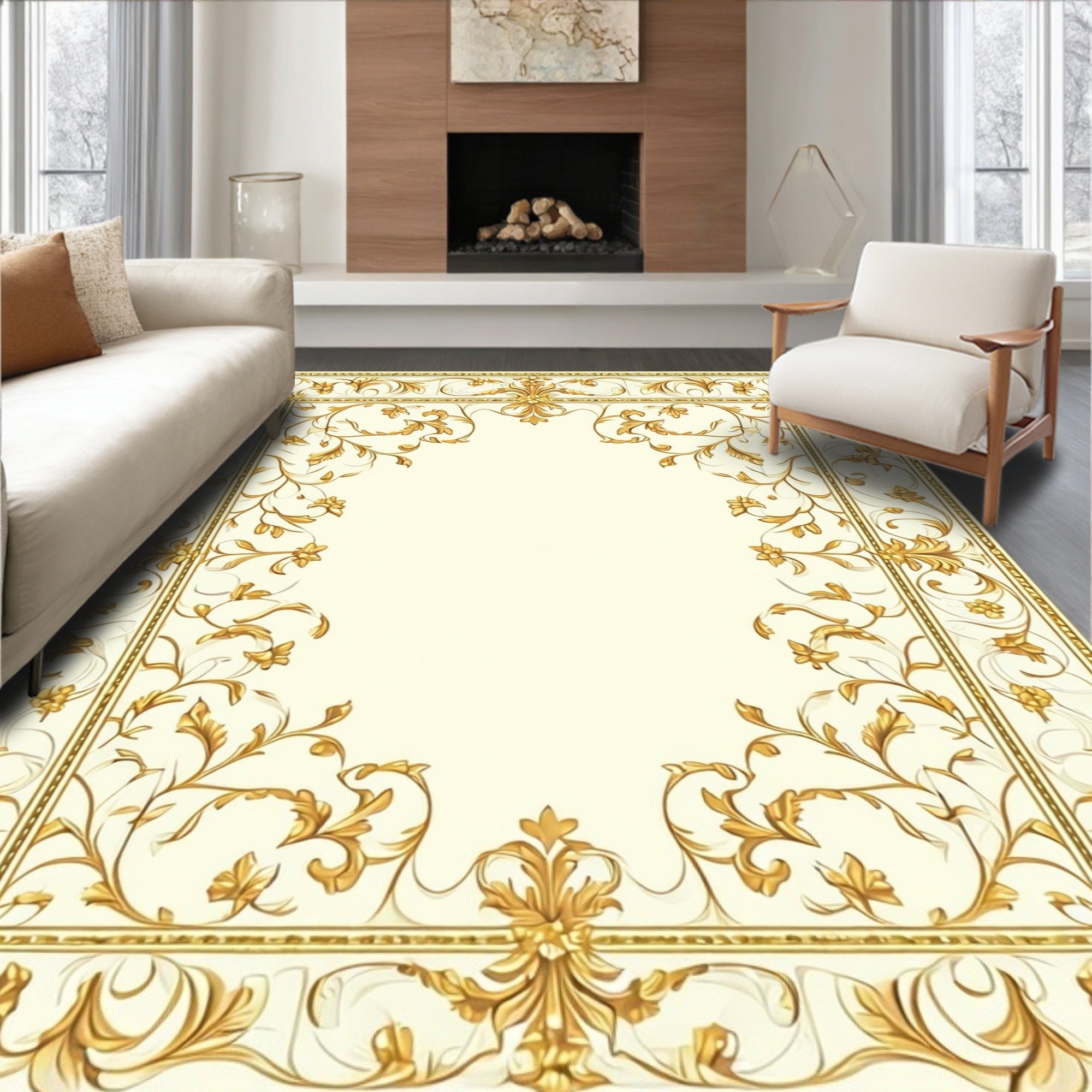 Ornate Gold Floral Scroll Frame Rug