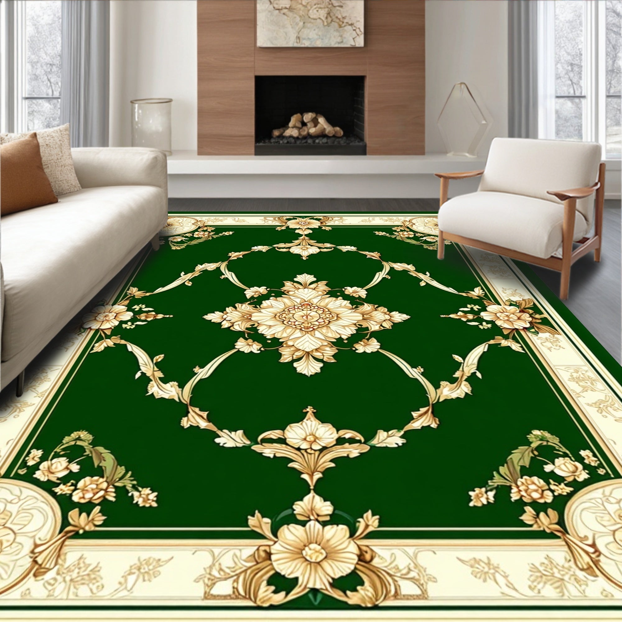 Emerald Green Floral Scroll Pattern Rug
