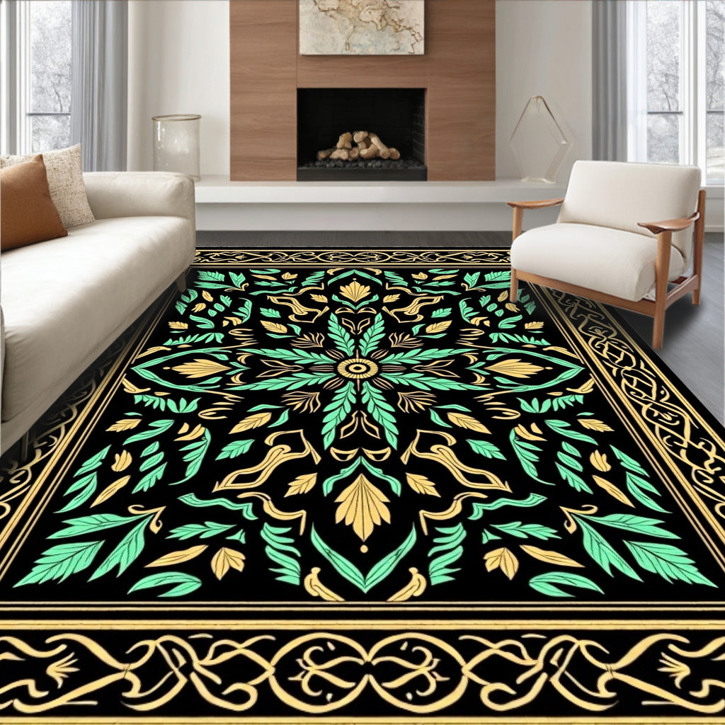 Black Golden Mint Floral Medallion Rug