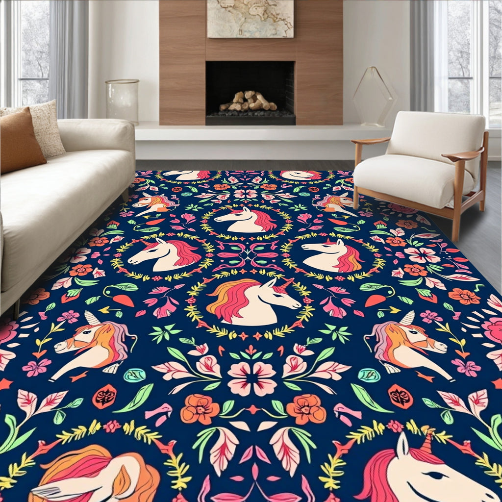 Whimsical Unicorn Floral Pattern Design Rug