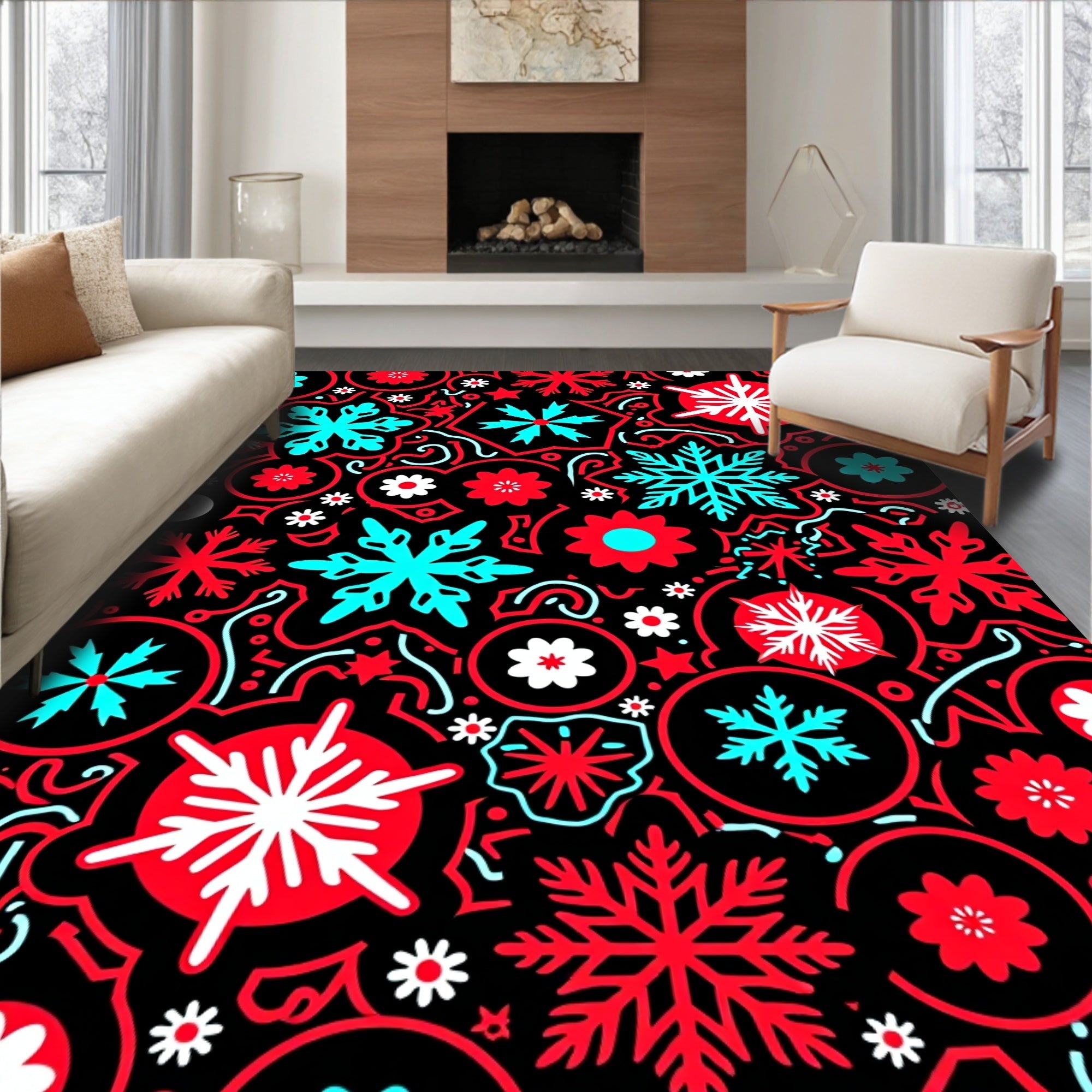 Red Cyan Snowflake Floral Medallion Rug