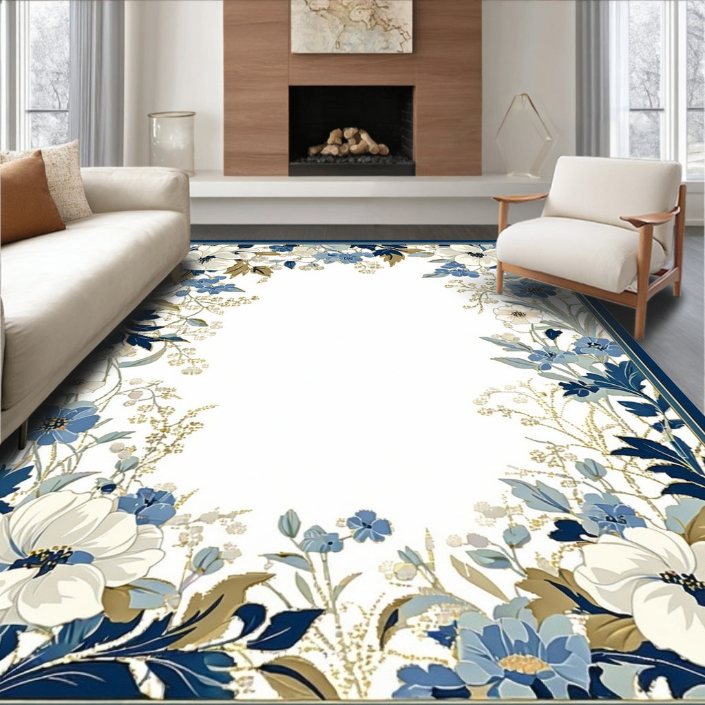 White Blue Floral Botanical Design Rug
