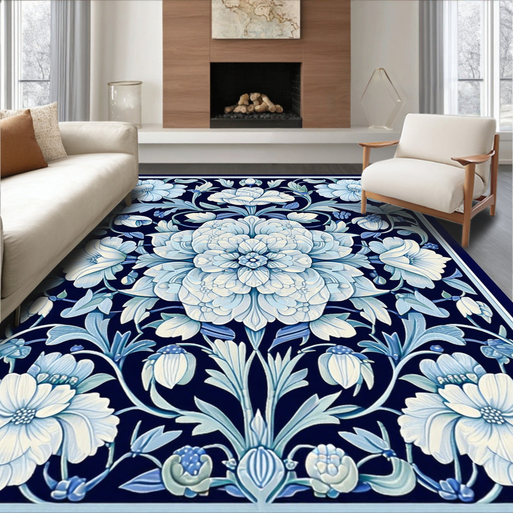 Ornate Blue Floral Art Nouveau Rug