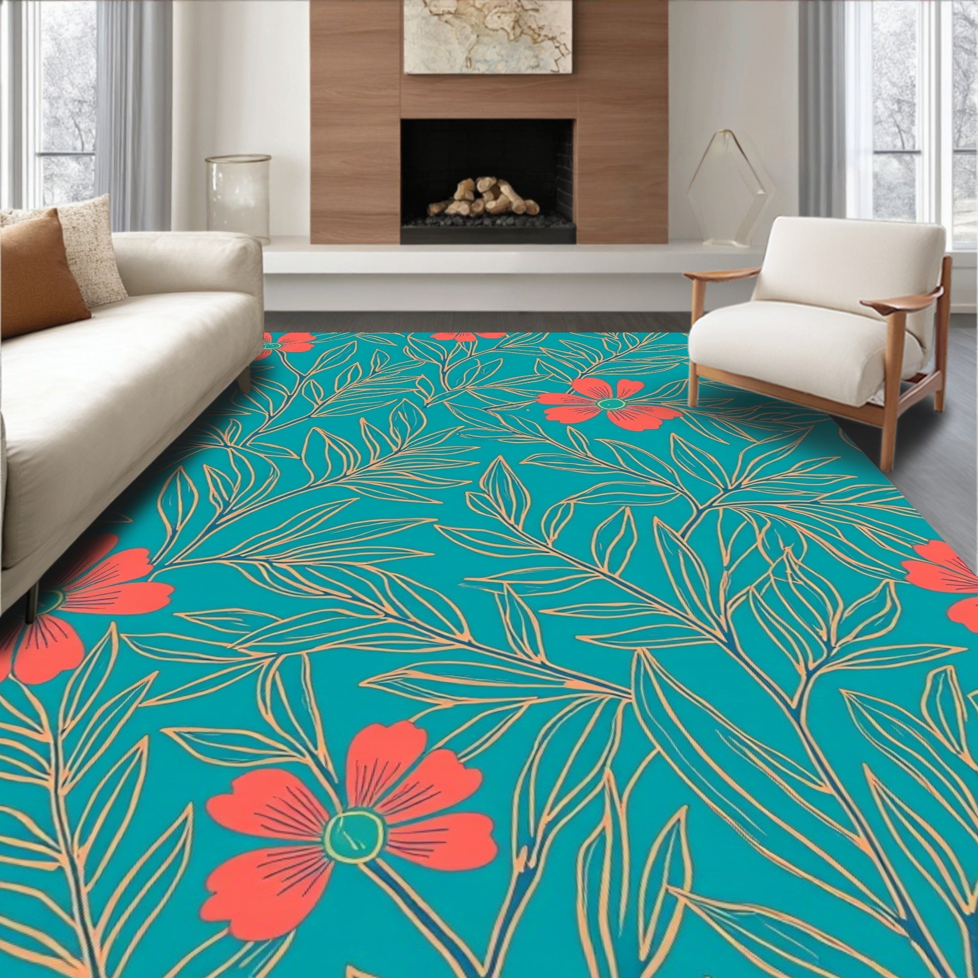 Teal Coral Floral Leaf Pattern Rug