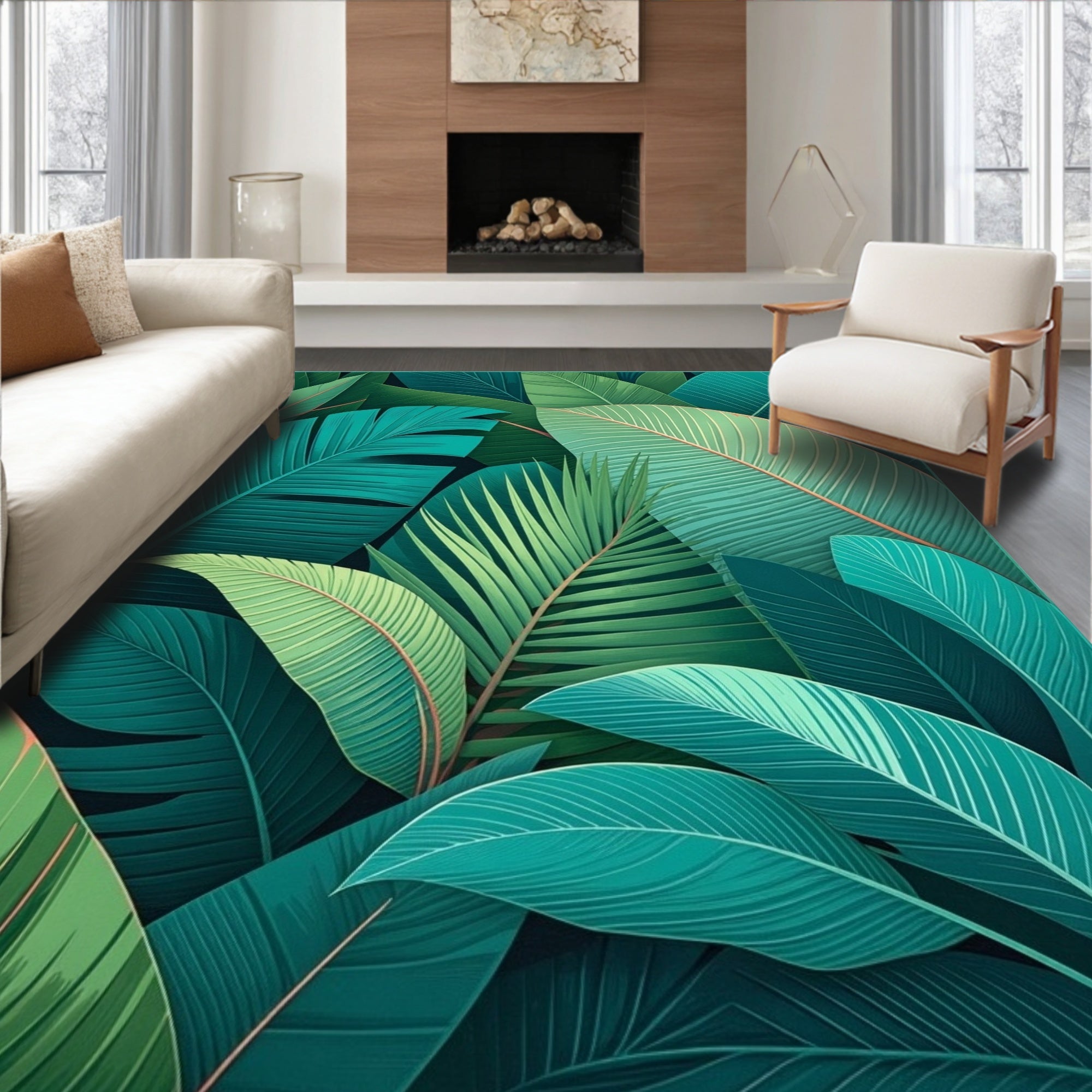 Tropical Leaf Print Statement Area Rug