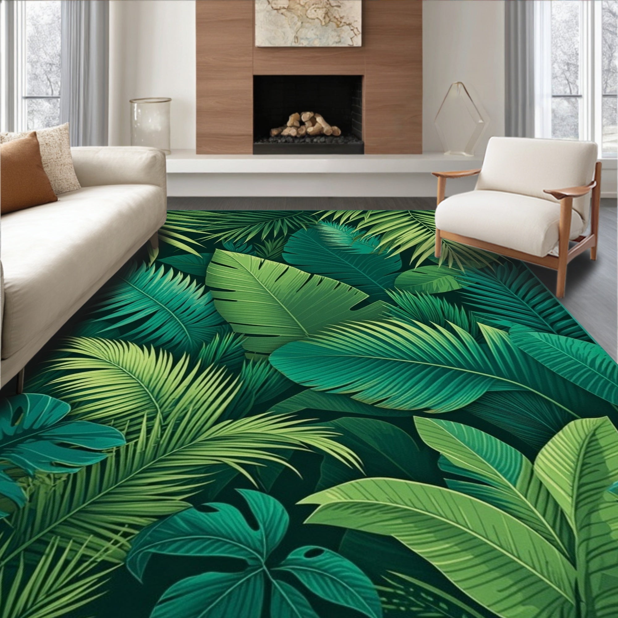 Lush Tropical Jungle Leaf Pattern Rug