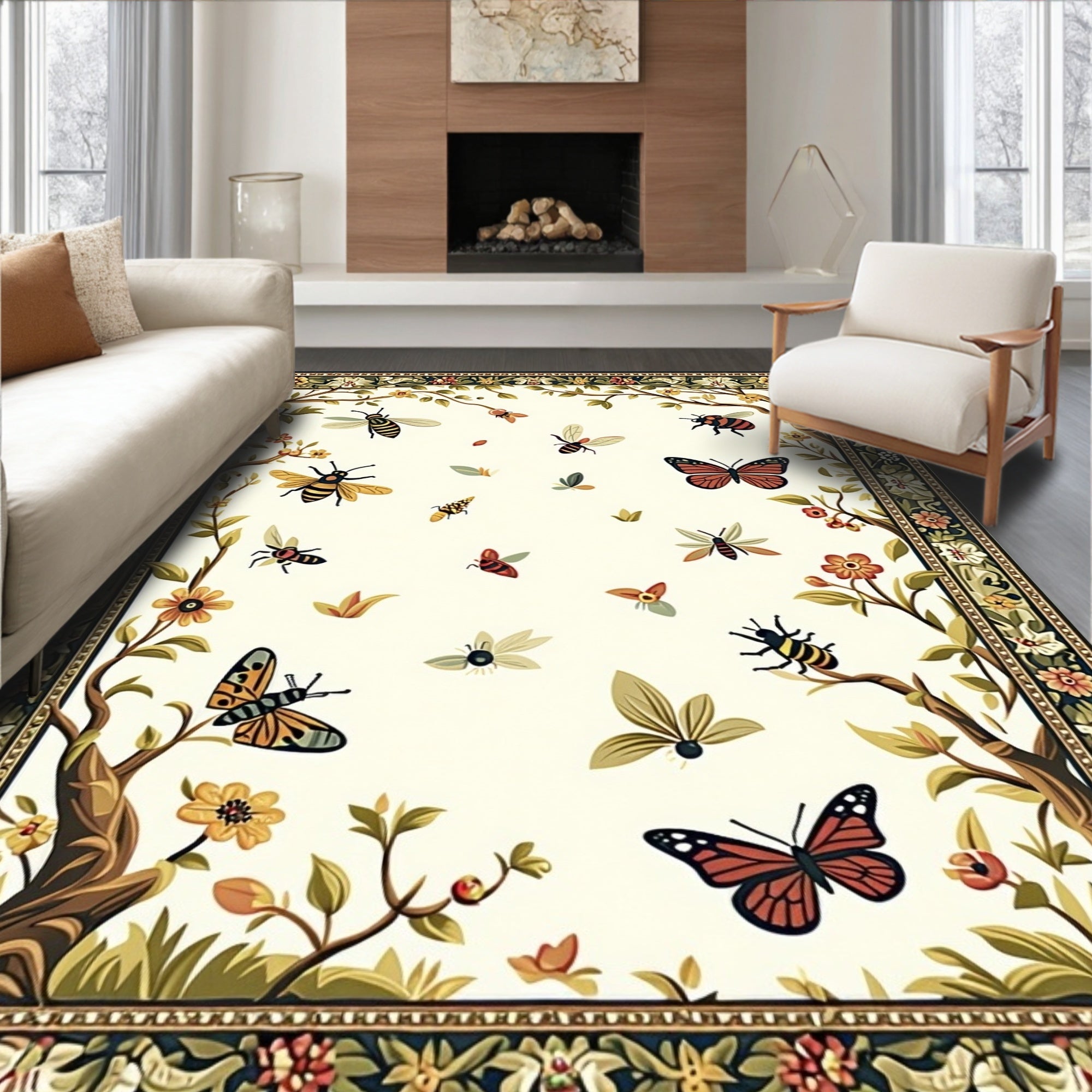 Floral Garden Insect Butterfly Design Rug