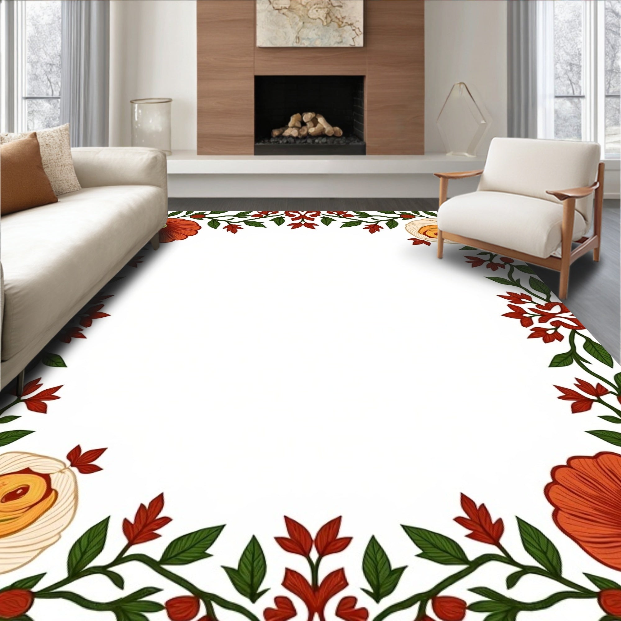 Crimson Ivory Floral Vine Border Rug