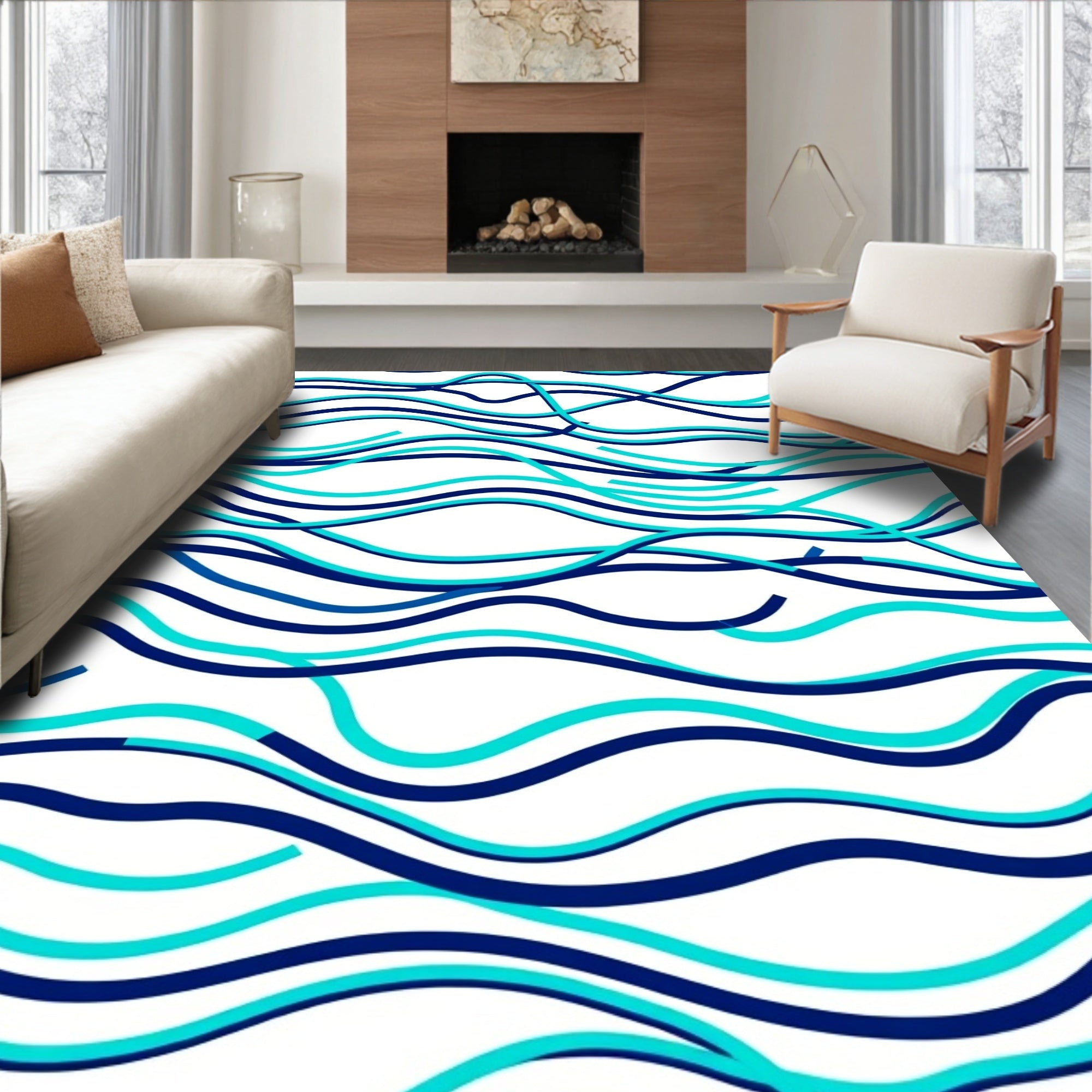 Marine Blue Wavy Lines Rug