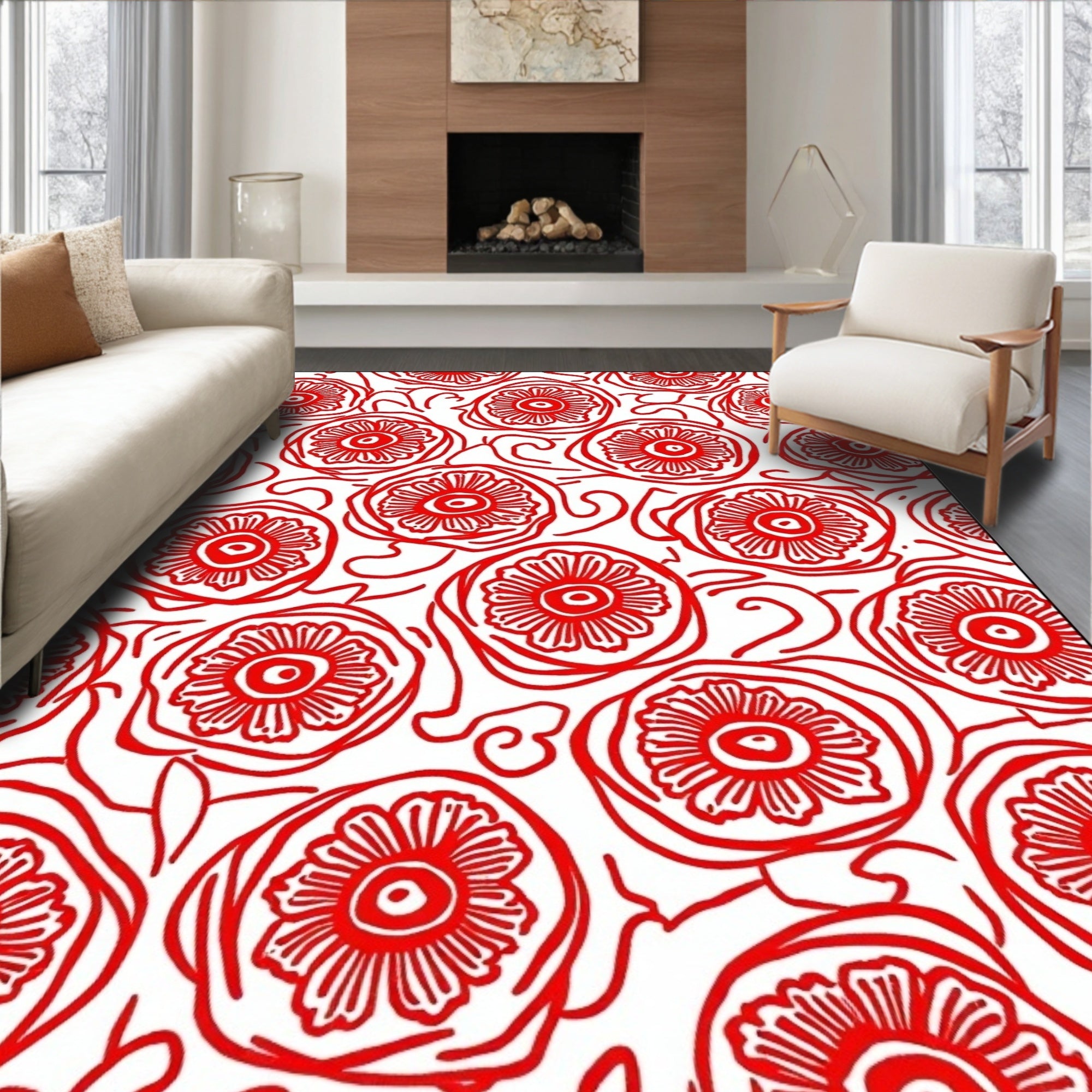 Bold Red Floral Scroll Pattern Rug