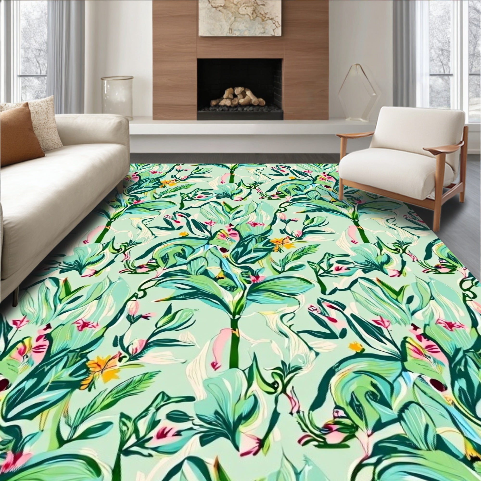 Lush Tropical Floral Botanical Pattern Rug