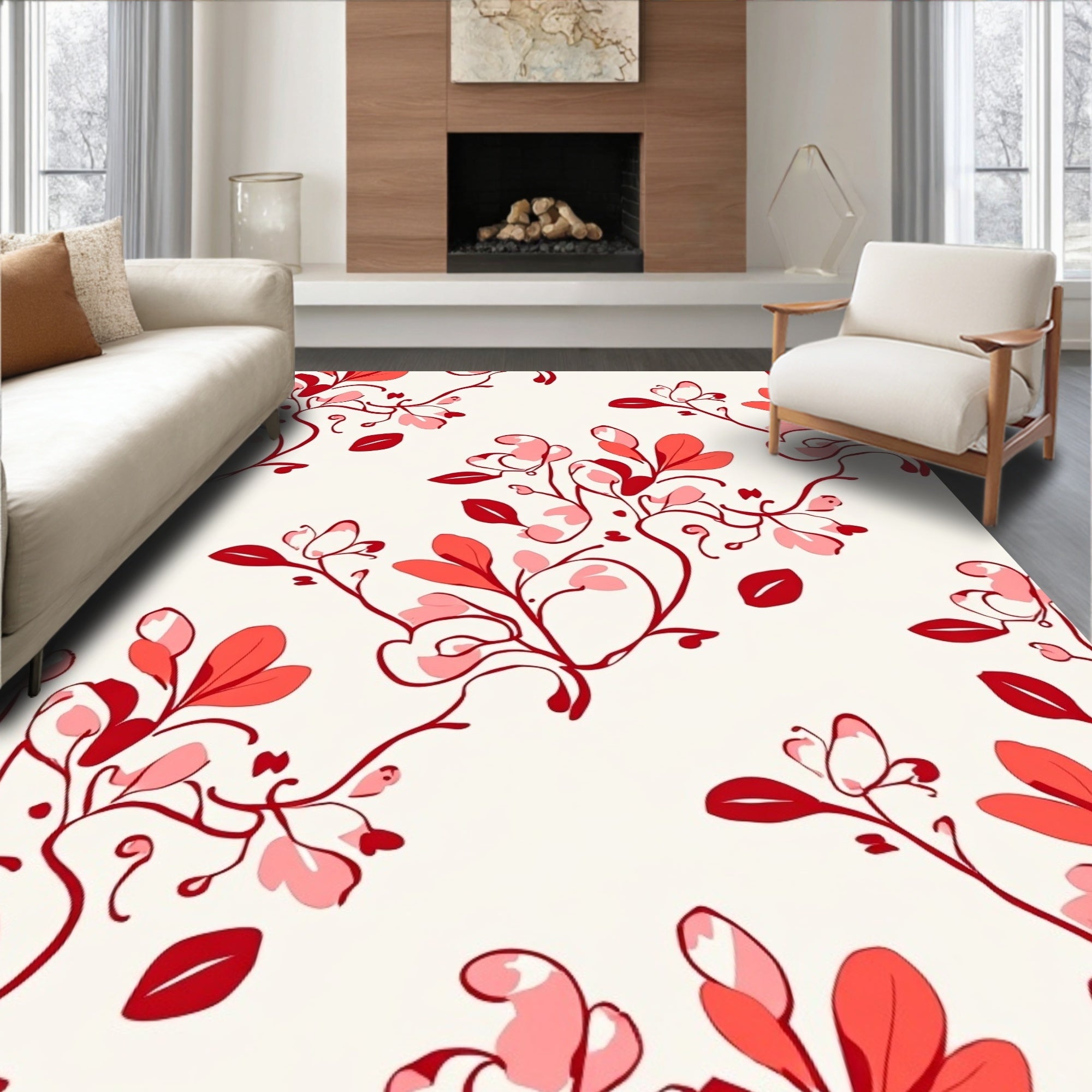 Delicate Red Floral Vine Pattern Rug