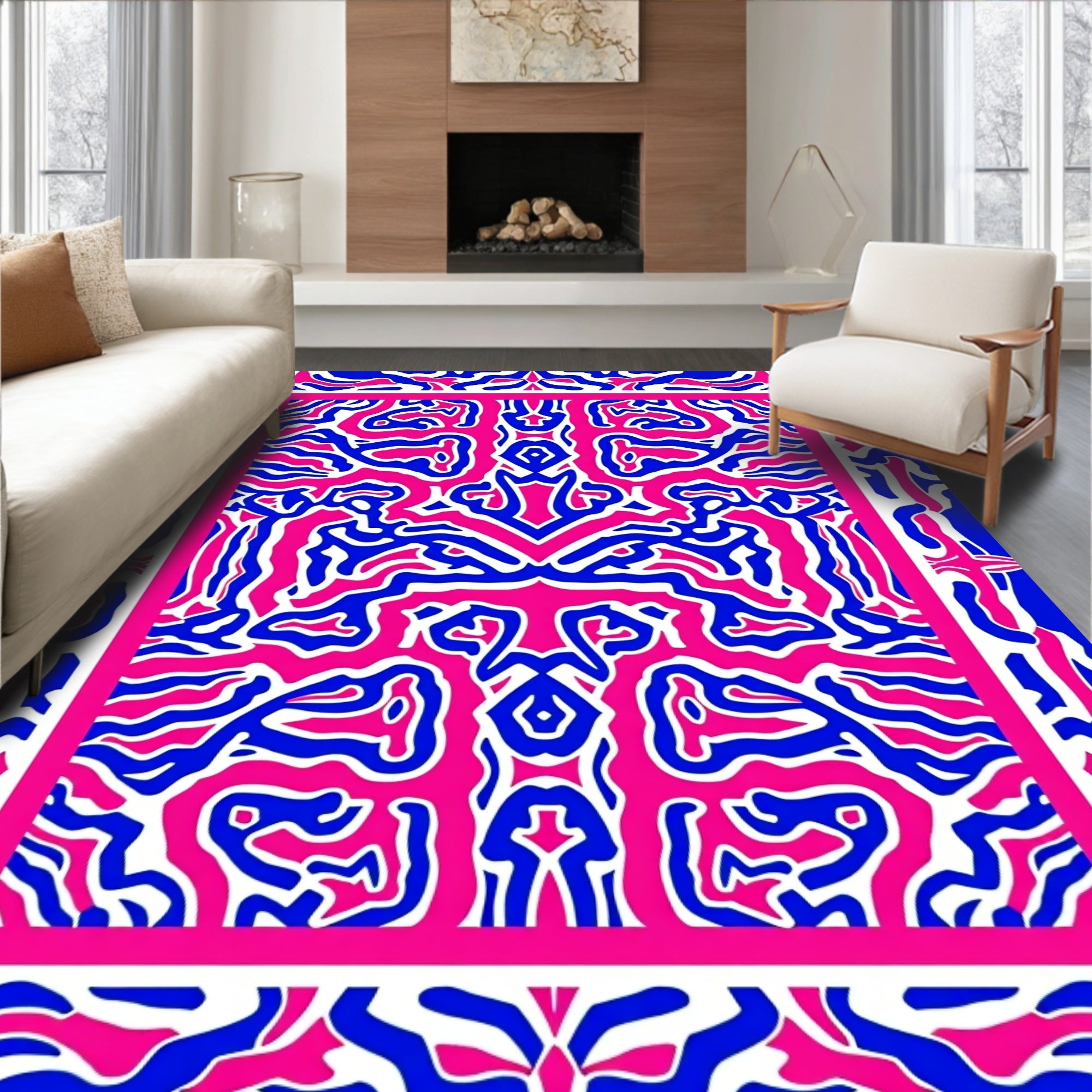 Abstract Blue Pink Stylized Pattern Rug