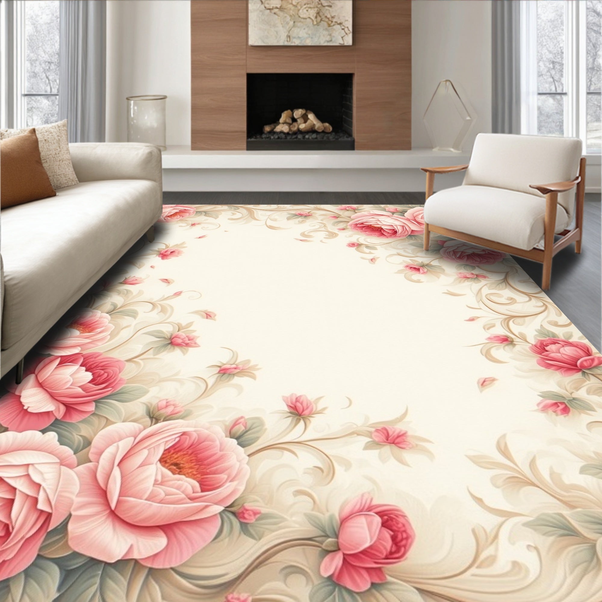Pink Floral Scrollwork Vintage Style Rug