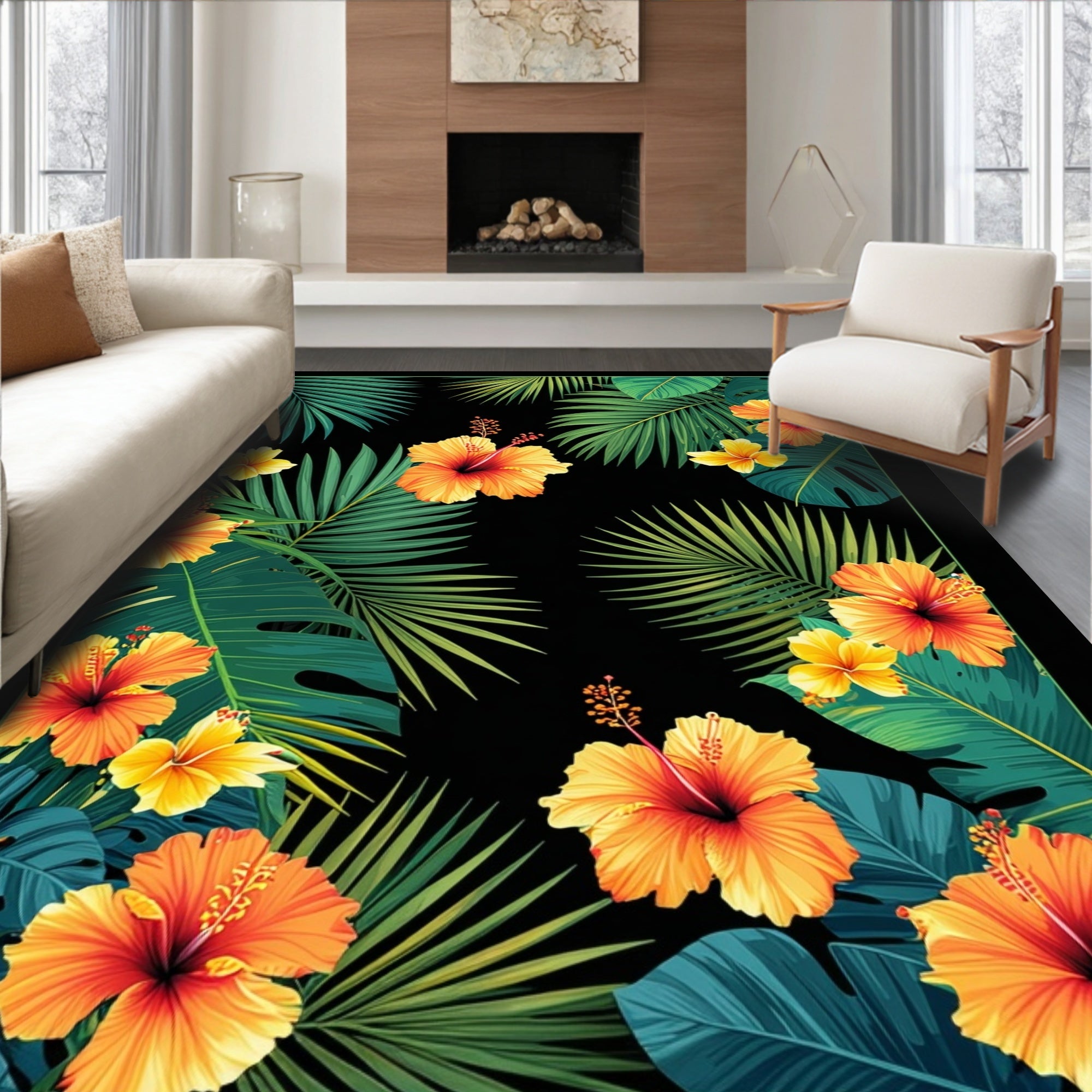 Tropical Hibiscus Palm Leaf Pattern Rug