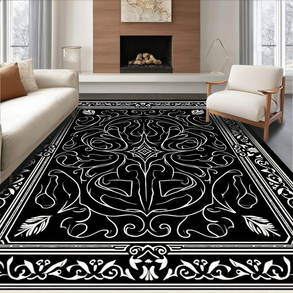 Elegant Black White Floral Scroll Design Rug