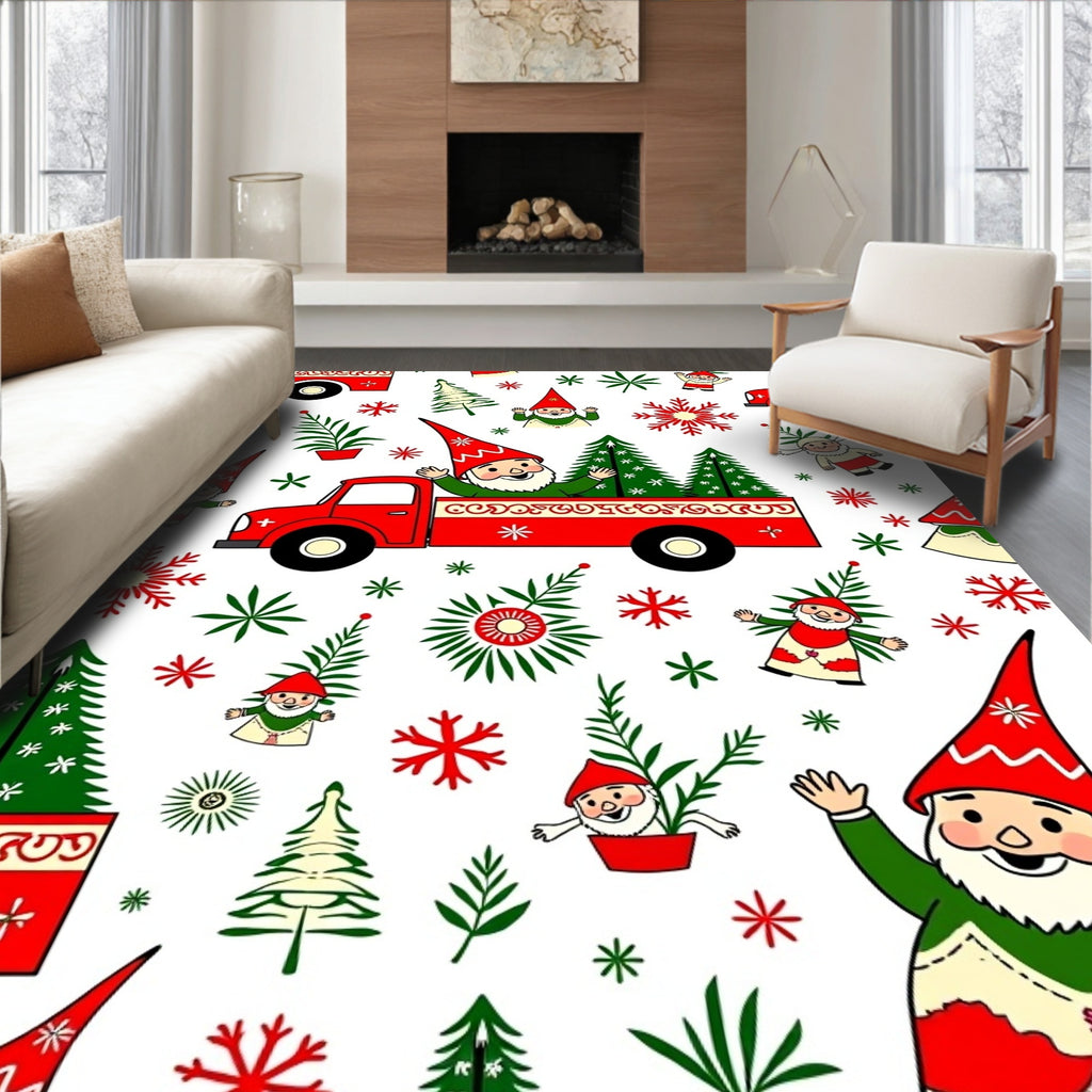 Red Gnome Truck Christmas Trees Snowflakes Rug