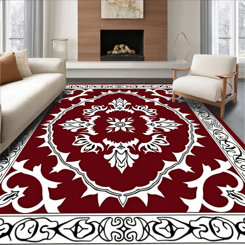 Deep Red Floral Medallion Border Rug