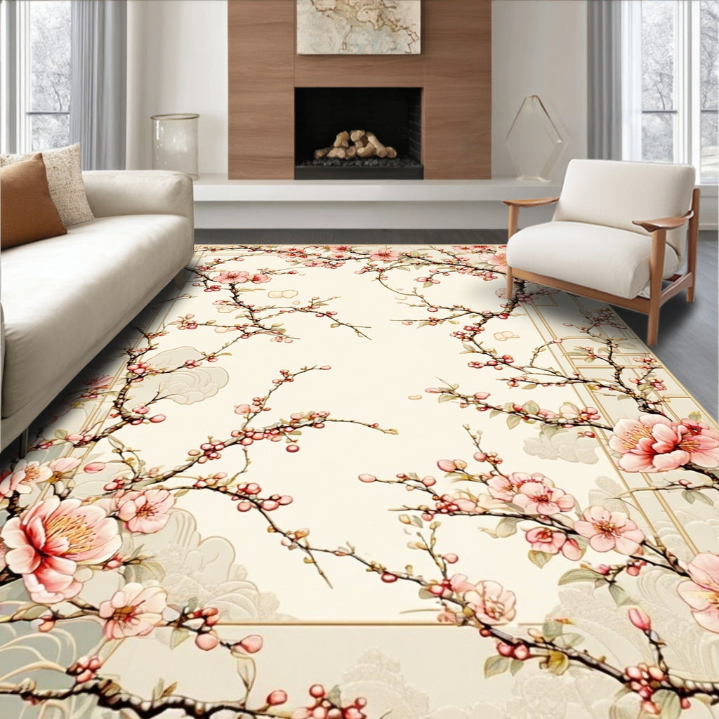 Elegant Pink Blossoms Delicate Floral Pattern Rug