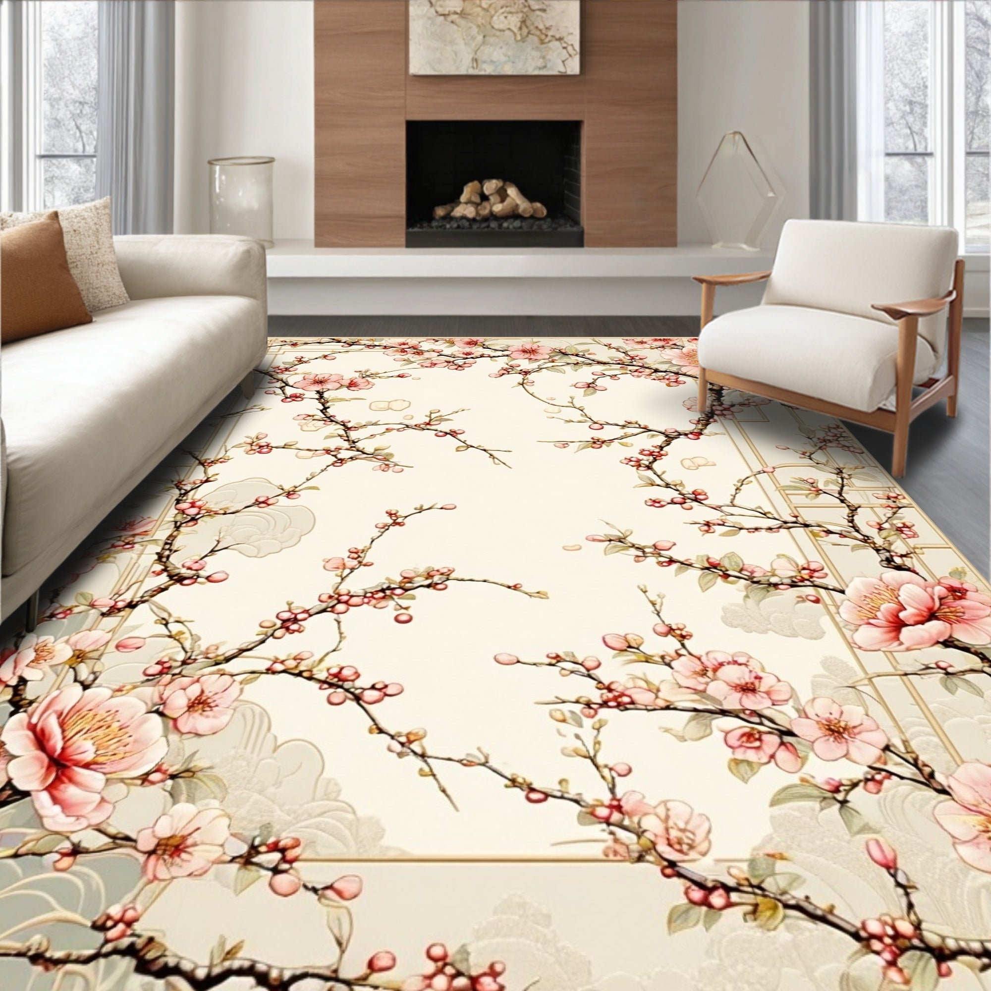 Elegant Pink Blossoms Delicate Floral Pattern Rug