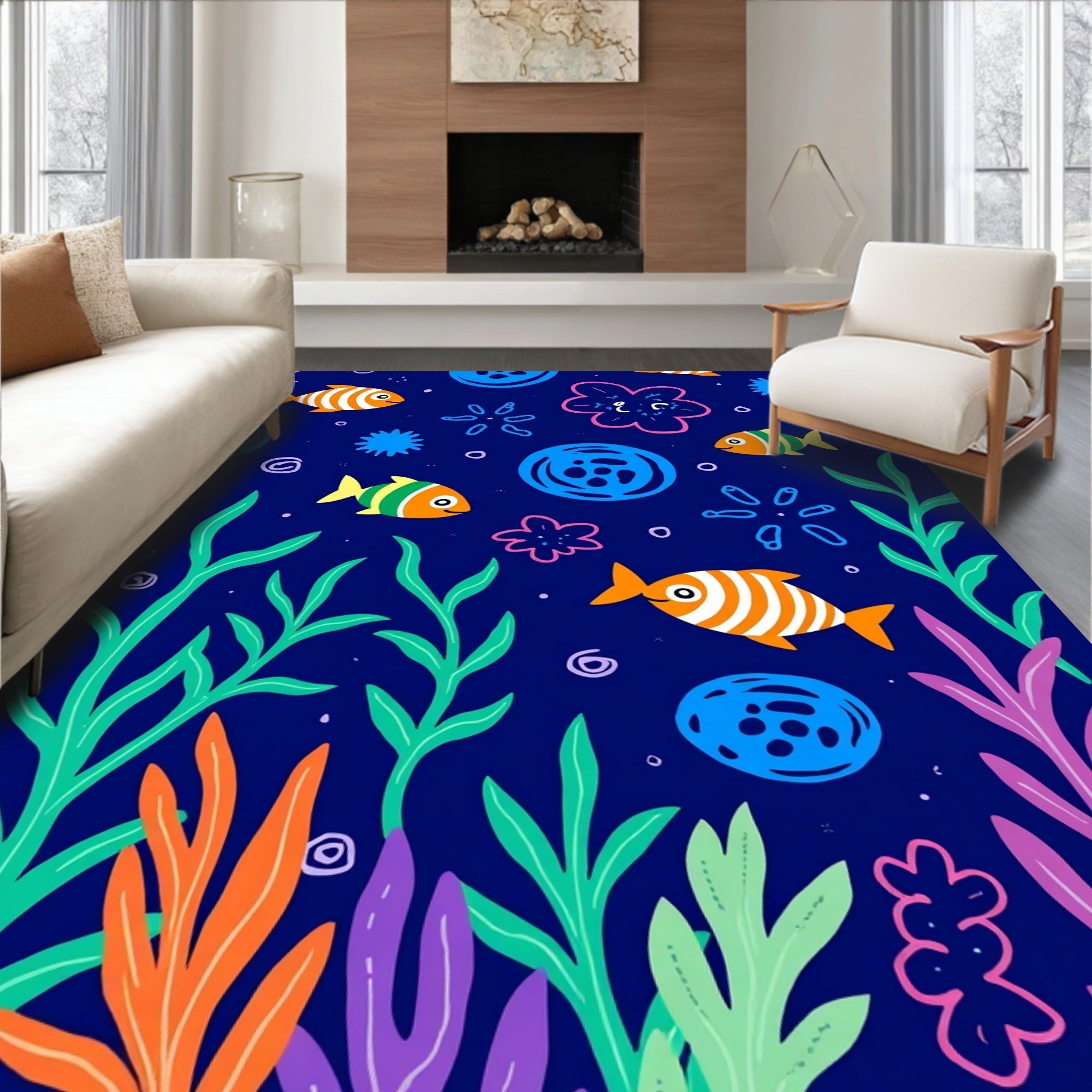 Oceanic Fish and Coral Pattern Rug