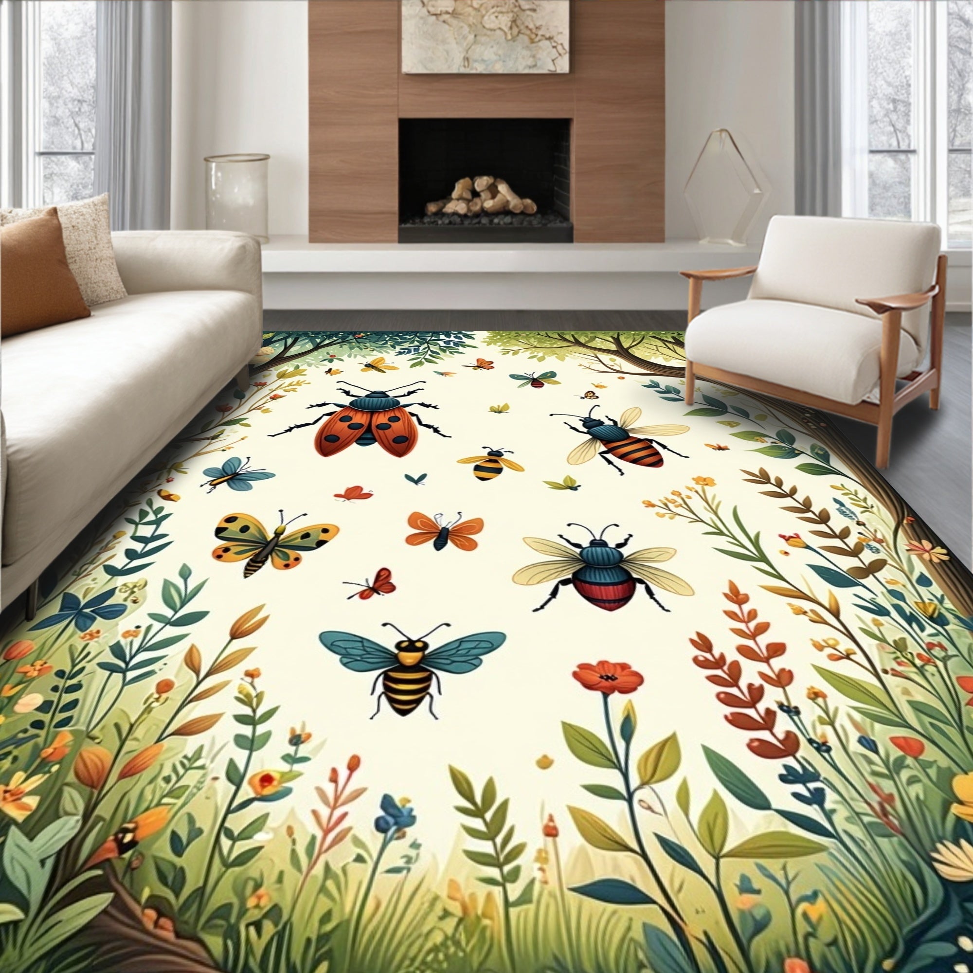Whimsical Garden Insects Butterflies Design Rug