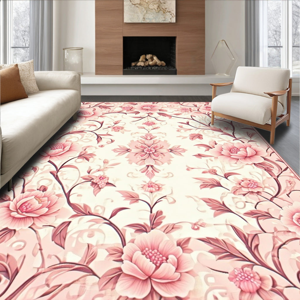 Elegant Pink Floral Vine Design Rug