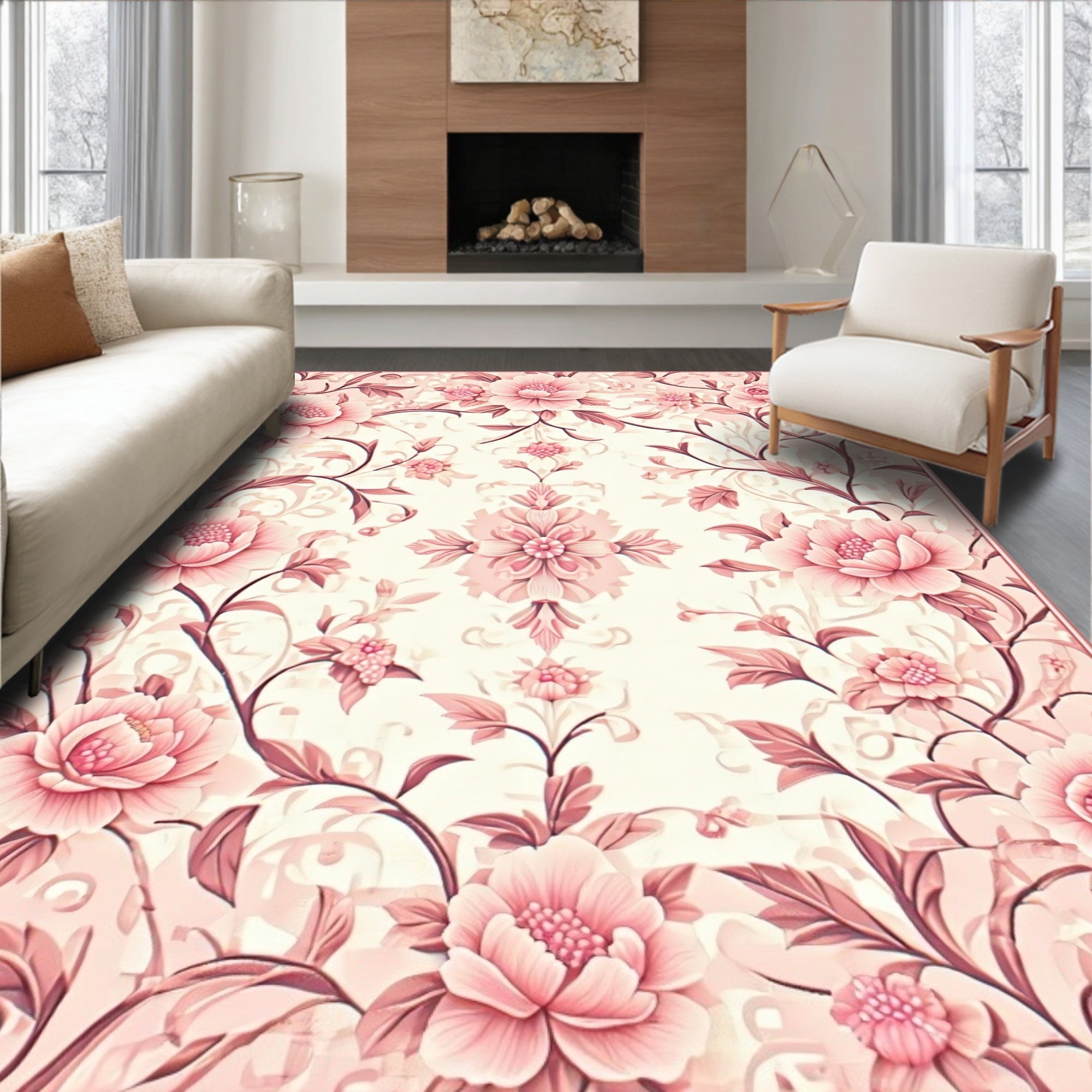 Elegant Pink Floral Vine Design Rug
