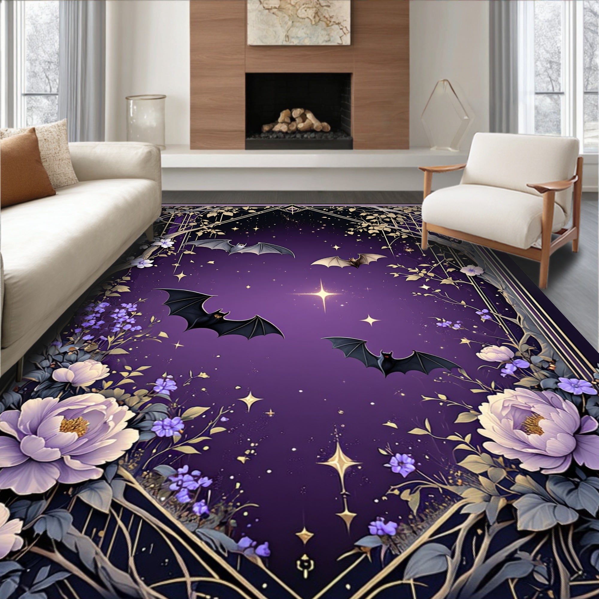 Whimsical Bats Floral Night Sky Rug