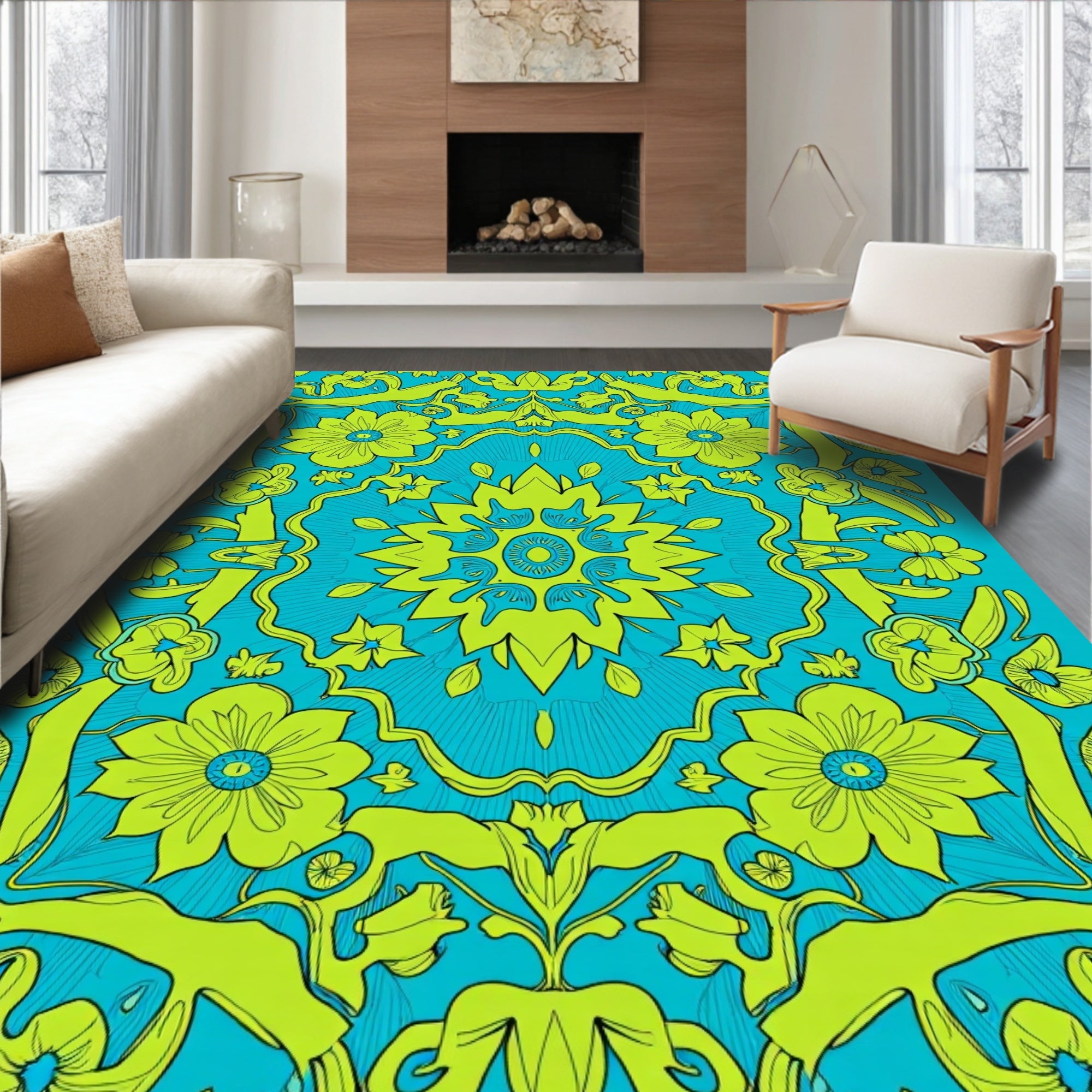 Vibrant Floral Symmetry Pattern Rug