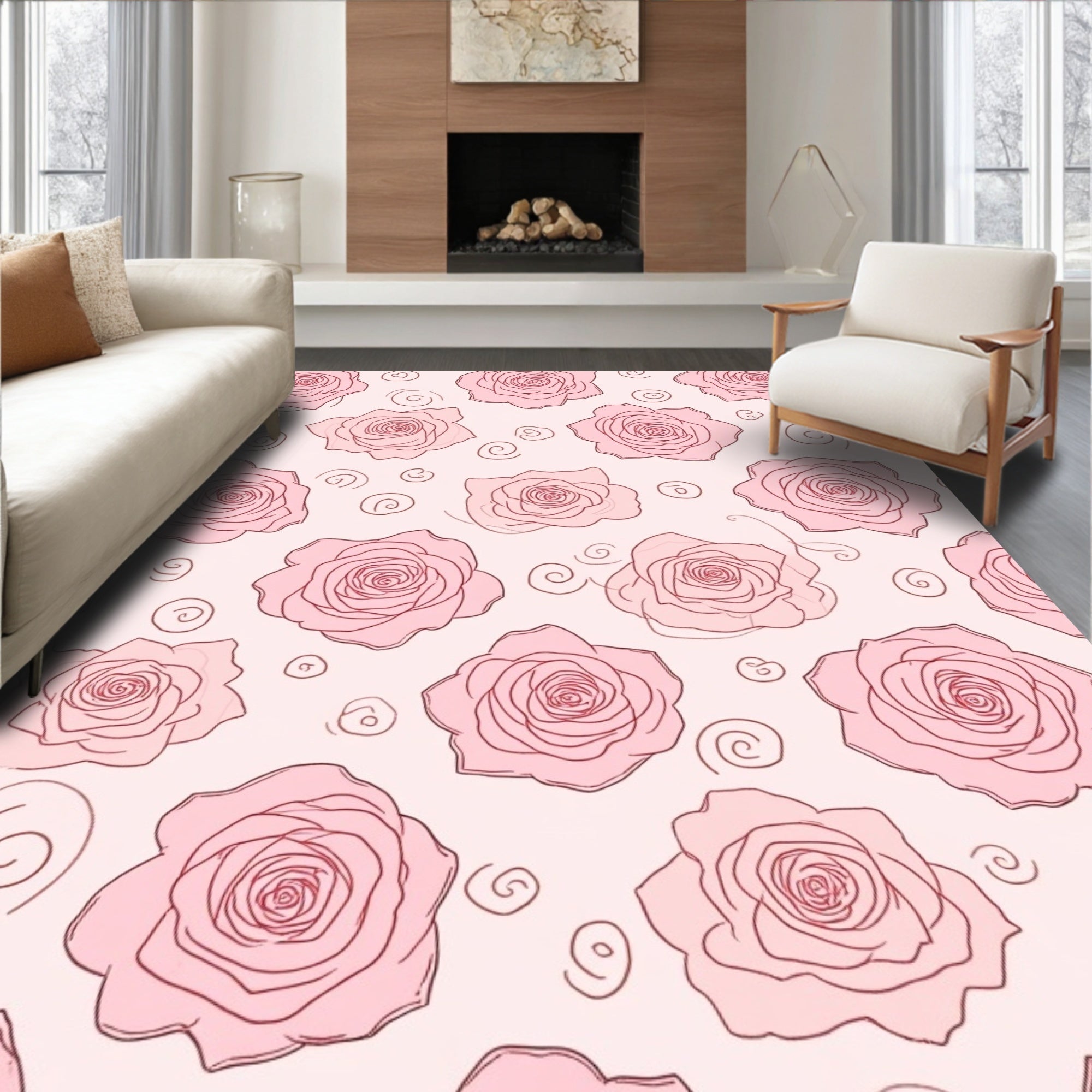 Pink Rose Vine Pattern Rug