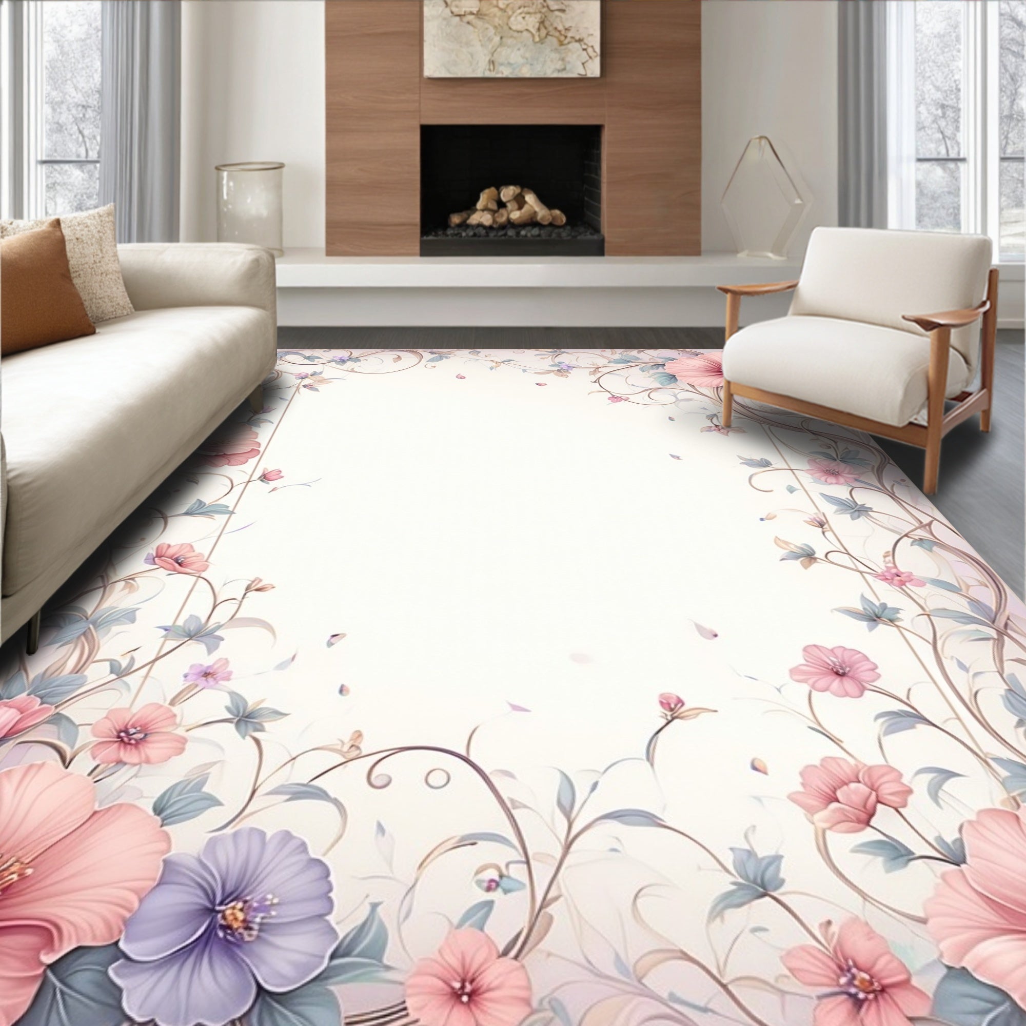 Pastel Floral Swirls and Vines Rug