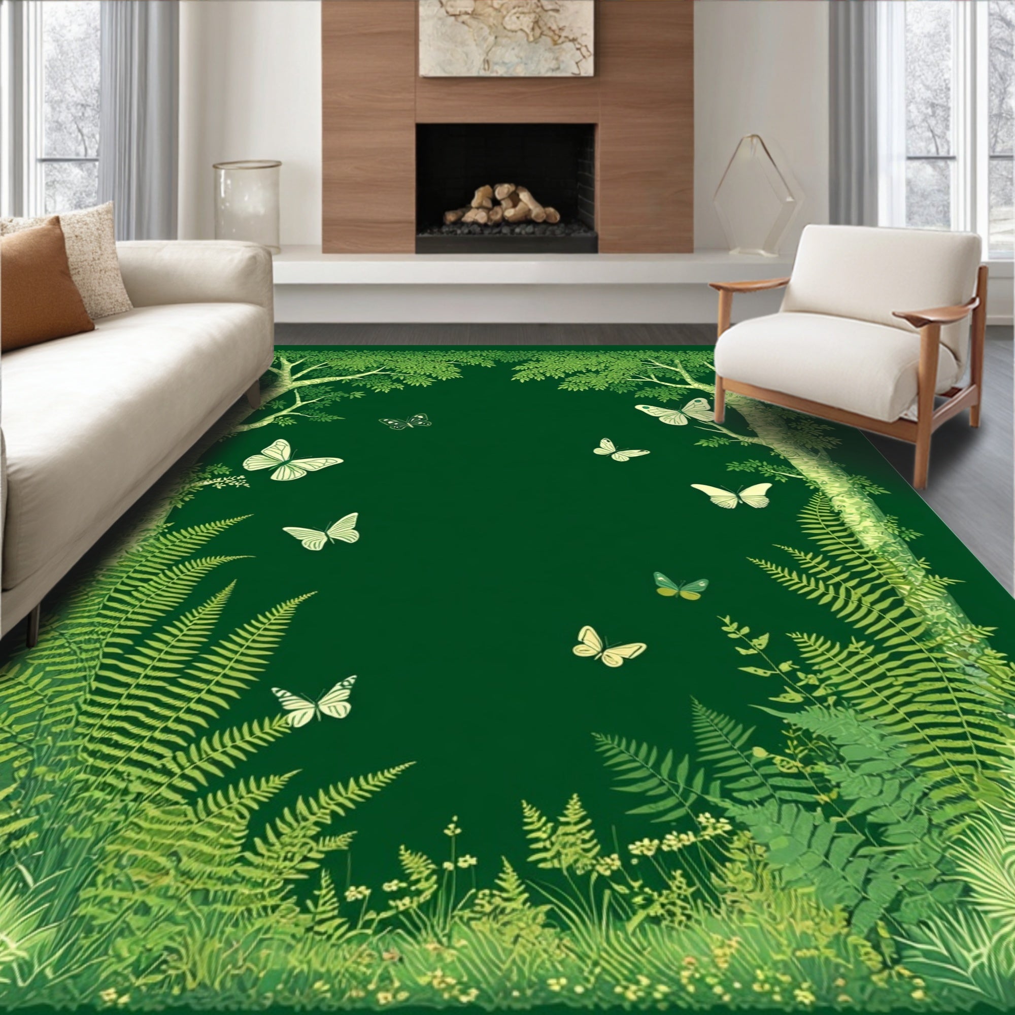 Whimsical Forest Butterflies Ferns Design Rug
